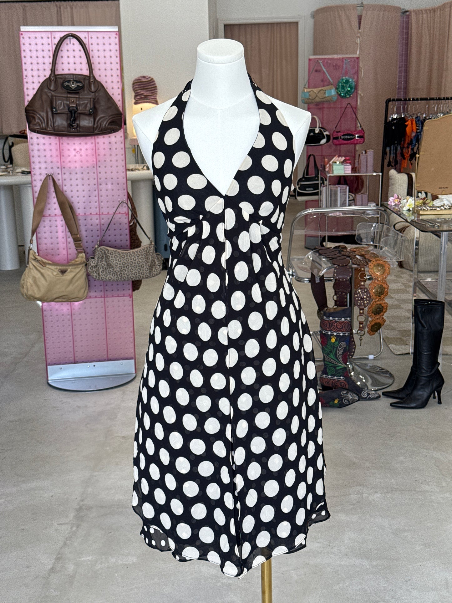 Lori M y2k black halter polka dot midi dress