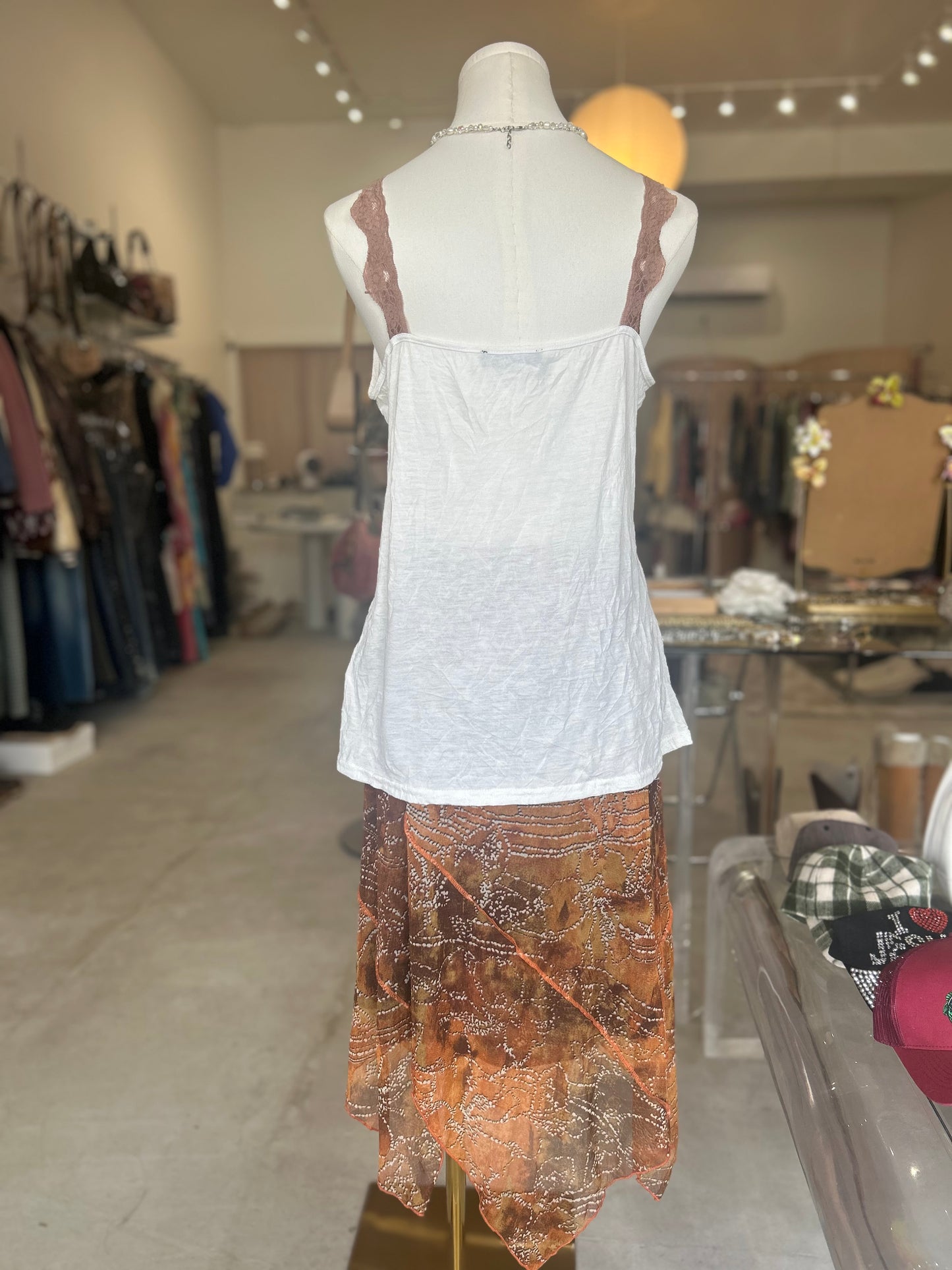 Meleose White and Brown Lace Sequin Trim V Cami Top