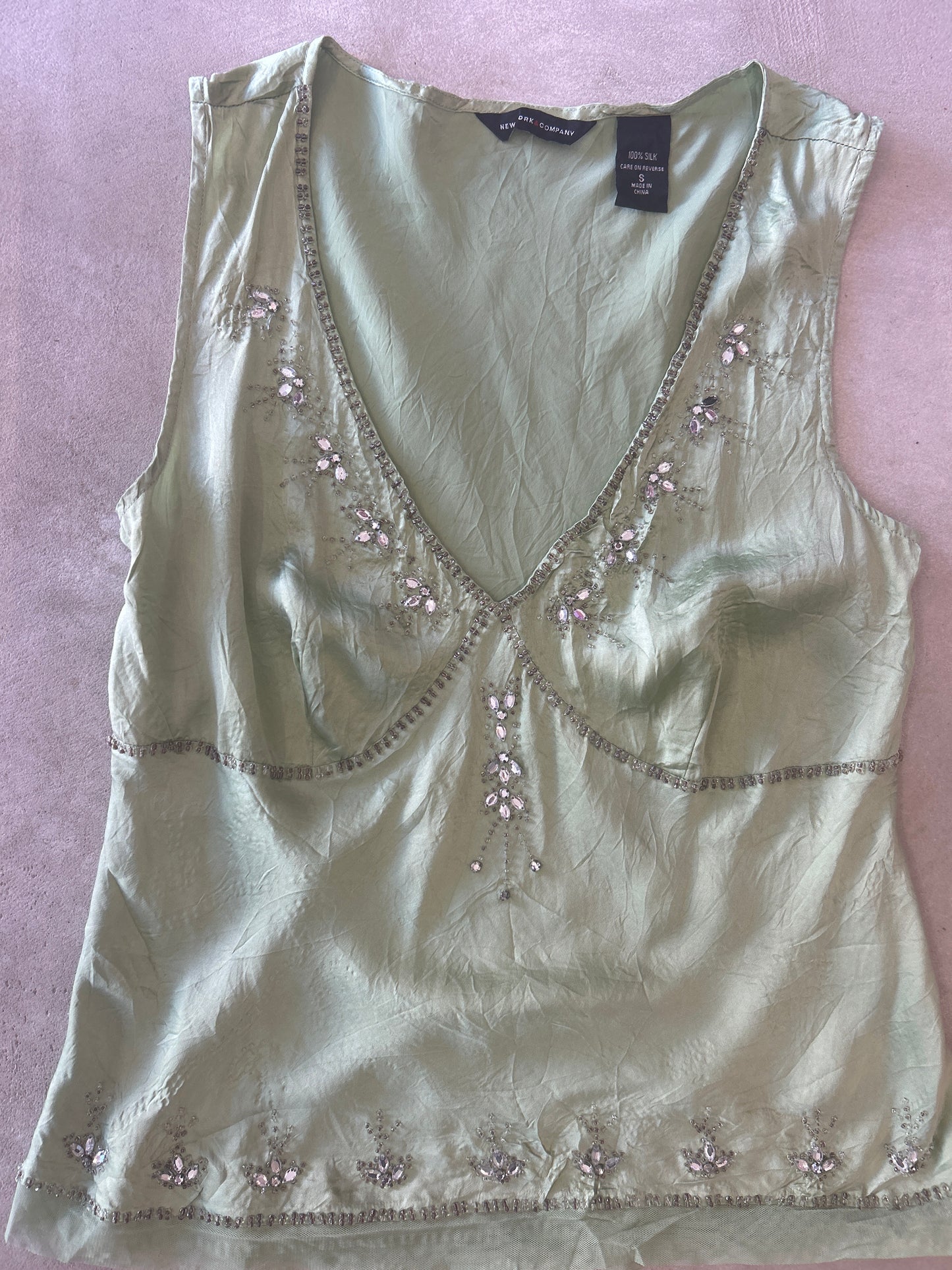 New York & Co. Green Silk Embellished Beaded Tank