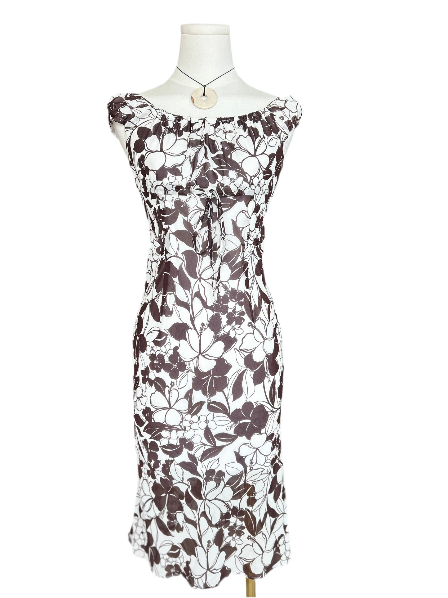 Anna Kerry Brown and White Floral Print Dress with Tie in Front