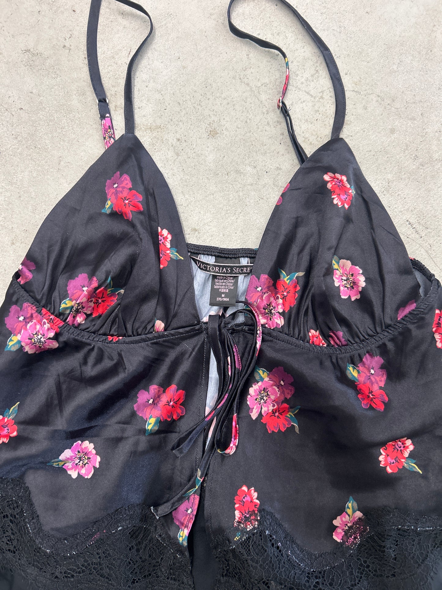 Victoria Secret Black Floral Print & Tie in Front Cami Top