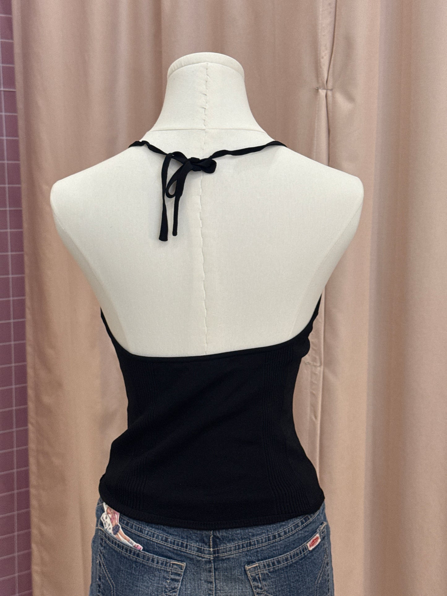 Misaky Black Knit w/ Front hooks Halter Top