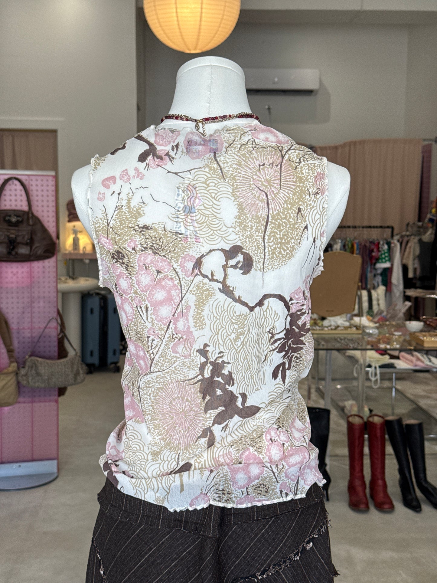Twice Pink Cherry Blossom Print Sleeveless Shear Top