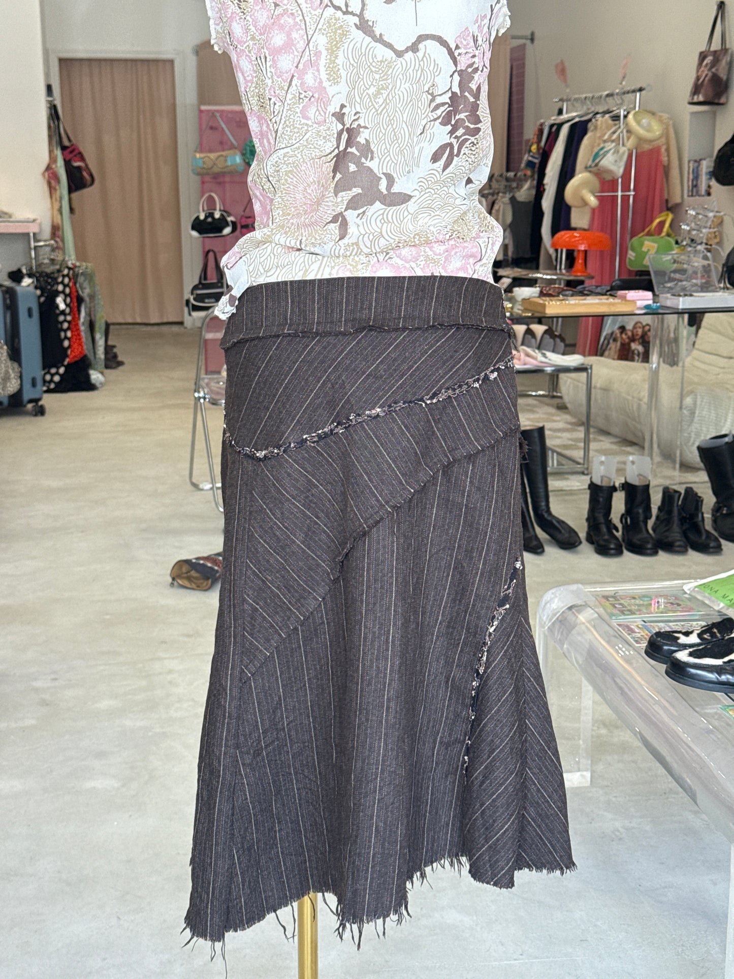 River Island Brown Pin Striped w/ Lace Asymmetrical Skirt