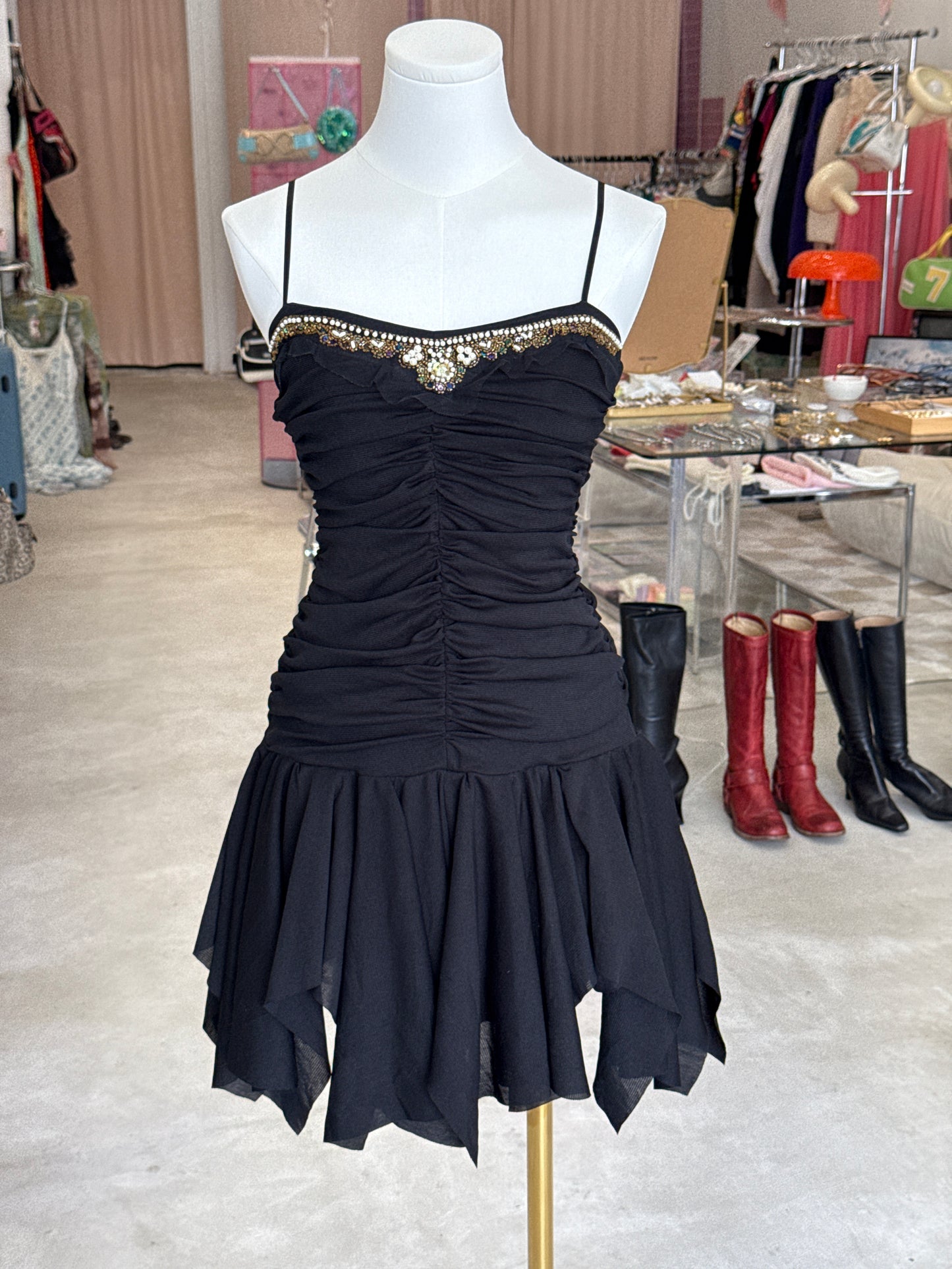 Un Deux Trois Ruffle Short Black Asymmetrical Dress
