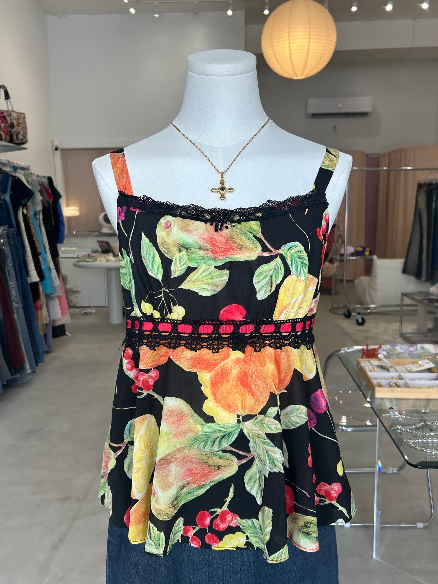 PinkMary fruits black lace top