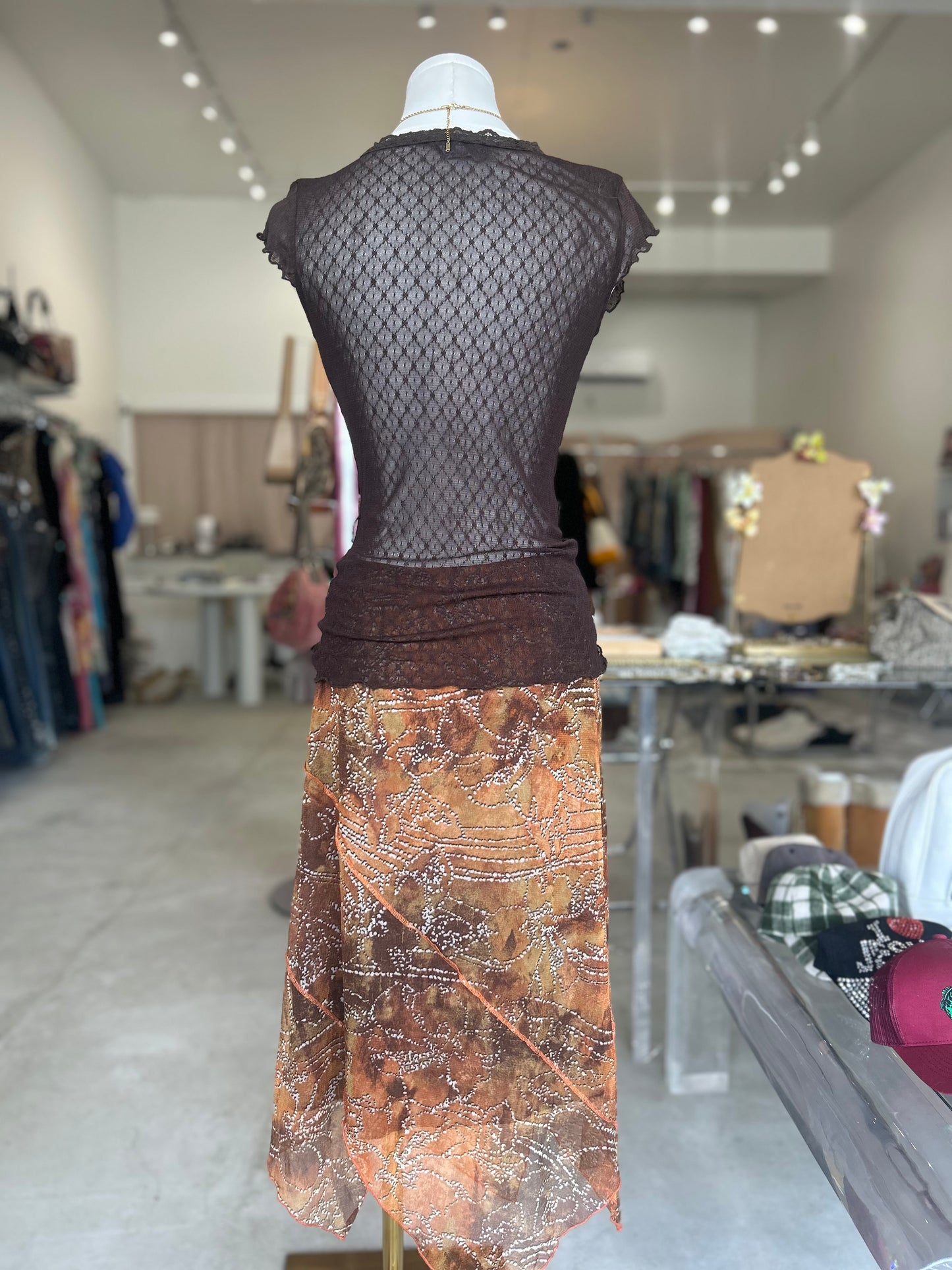 Chado Chocolate Brown Mesh Lace Trim V Neck Top