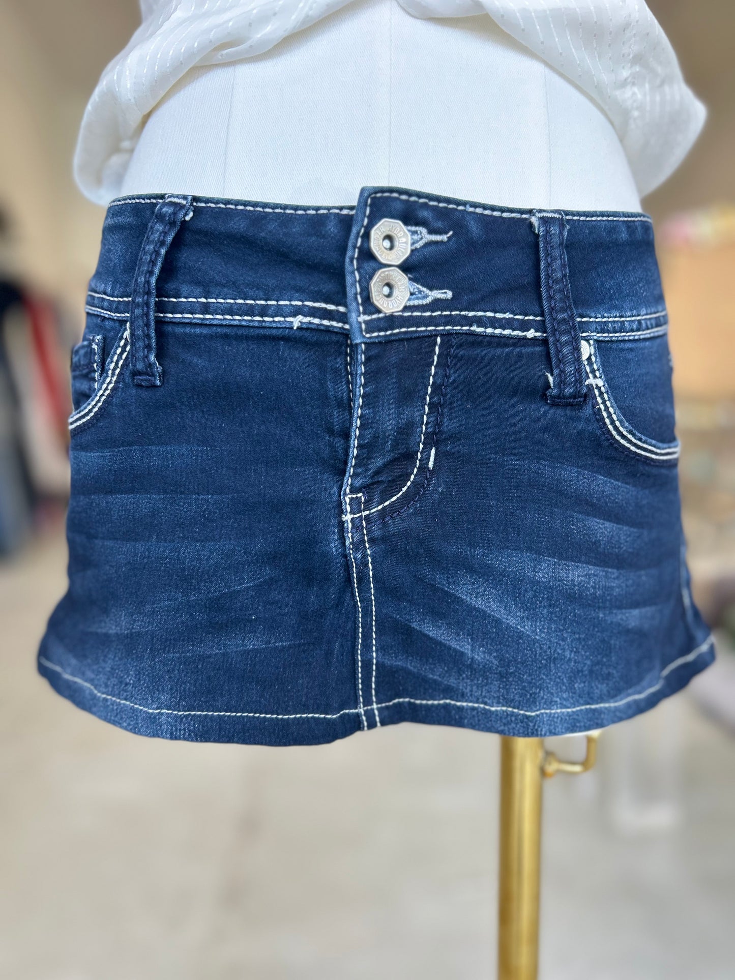 Hydraulic Denim Skirt with Embellishments