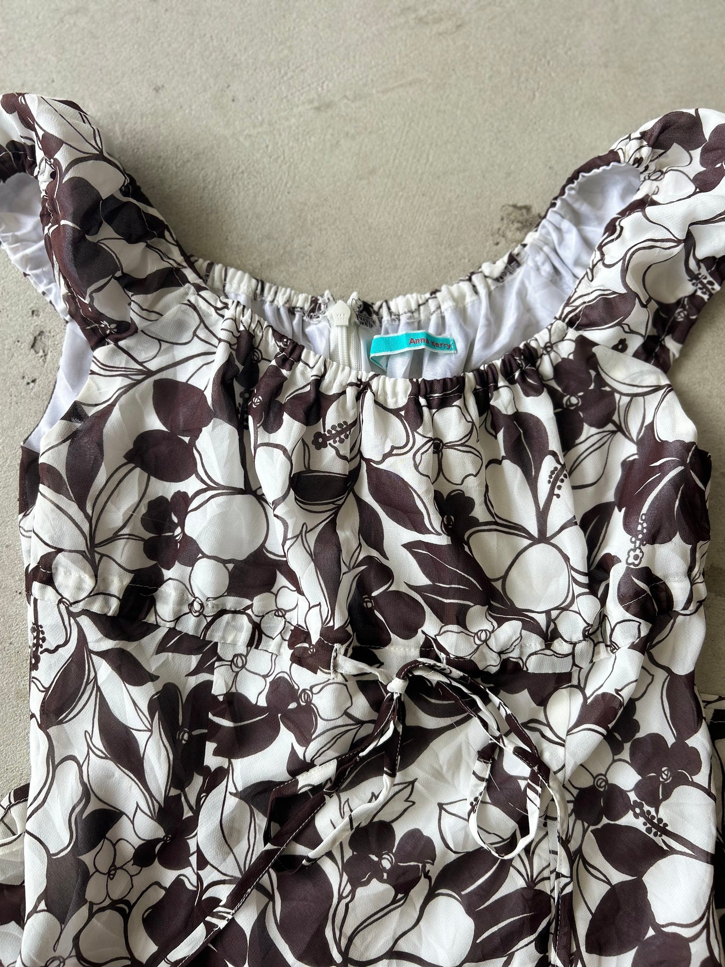 Anna Kerry Brown and White Floral Print Dress with Tie in Front