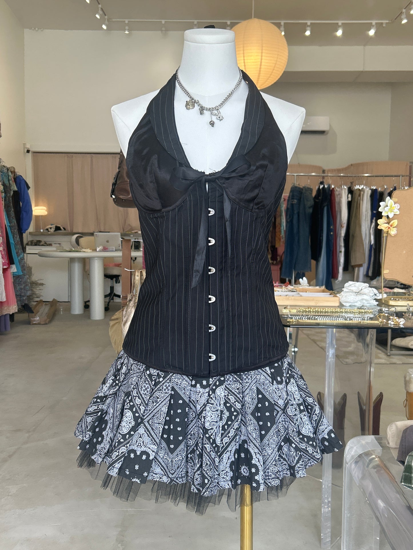 Black Pinstripe Corset Halter Top with Hooks & Tie in front