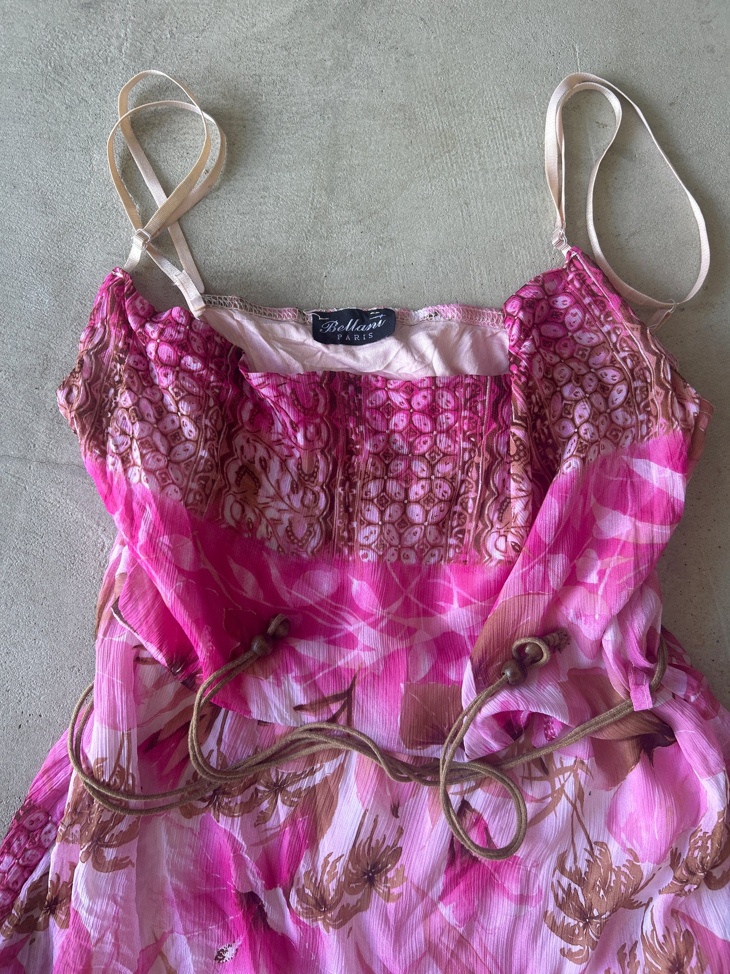 Bellani Paris Pink Floral Asymmetrical Cami Dress with Rope Belt