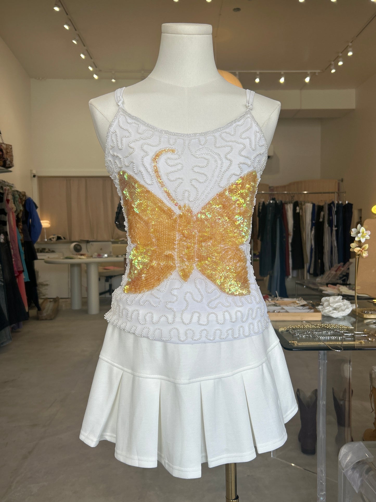 Yellow Sequin Butterfly and White Beaded Mesh Cami Top