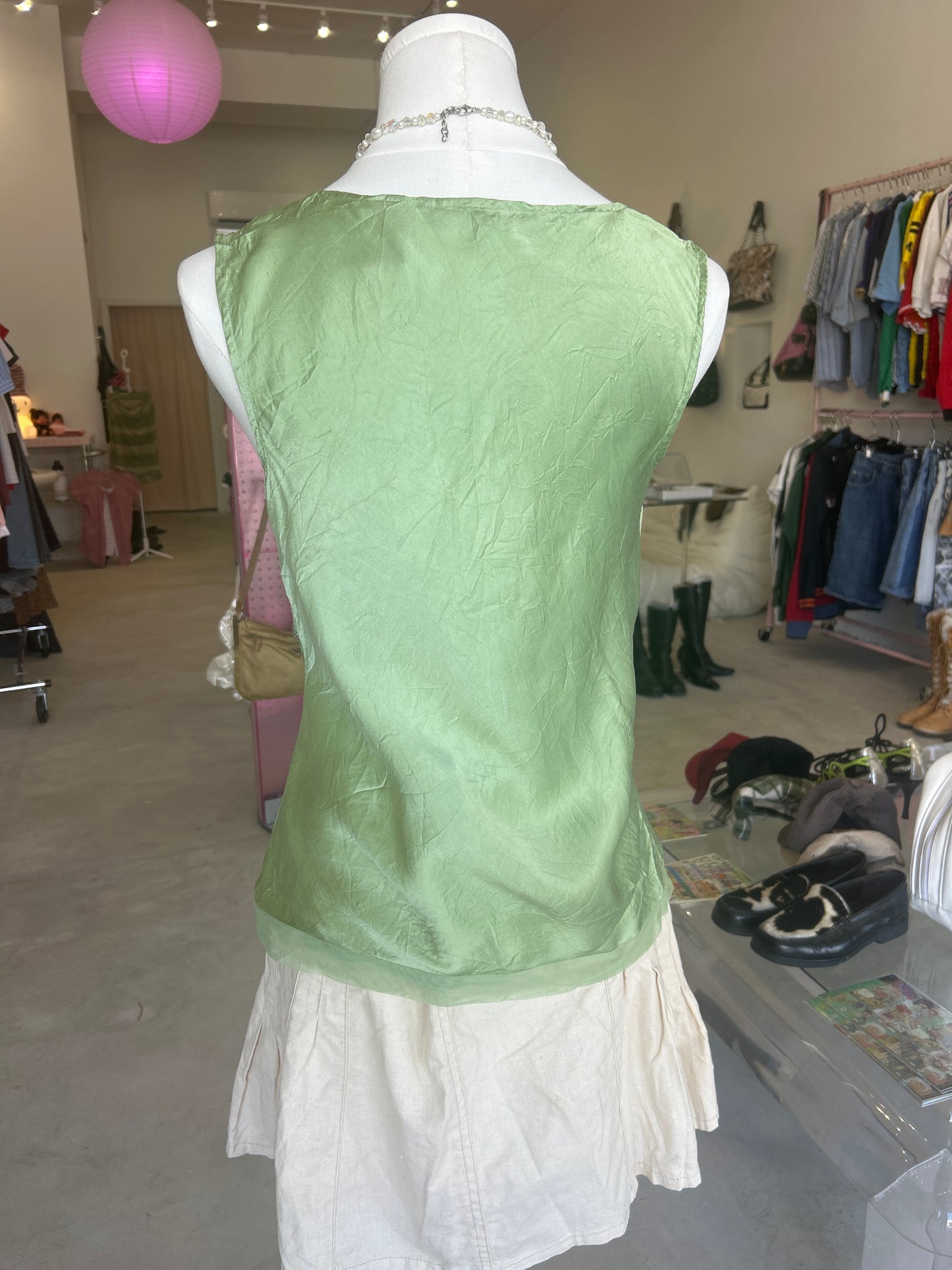 New York & Co. Green Silk Embellished Beaded Tank