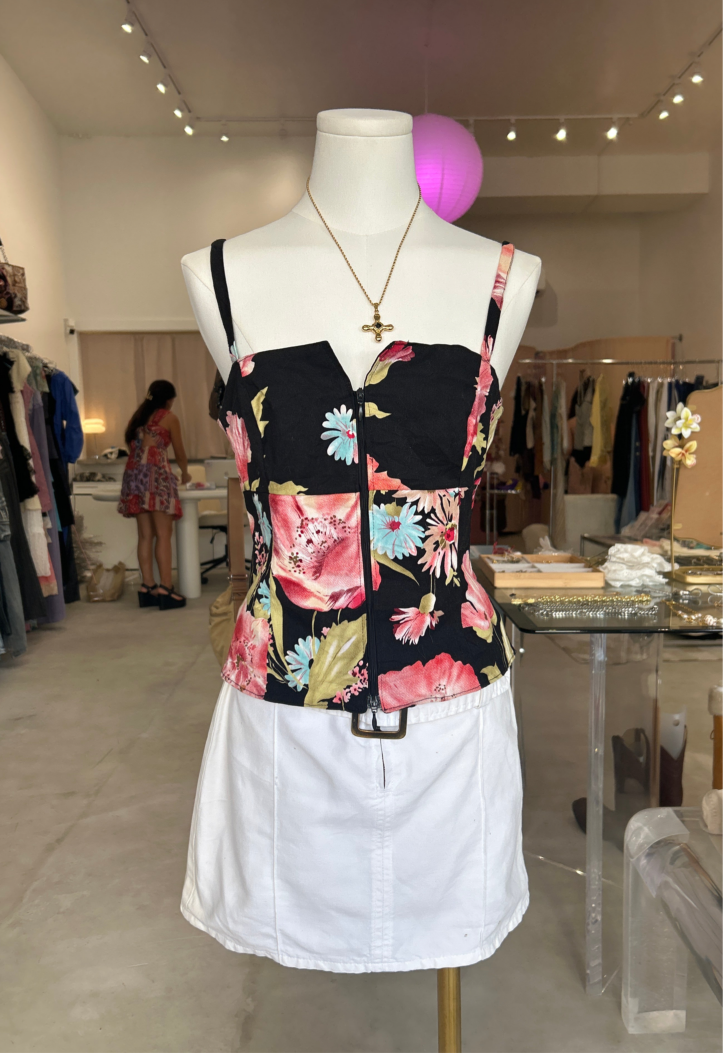 Black corset floral zip up top
