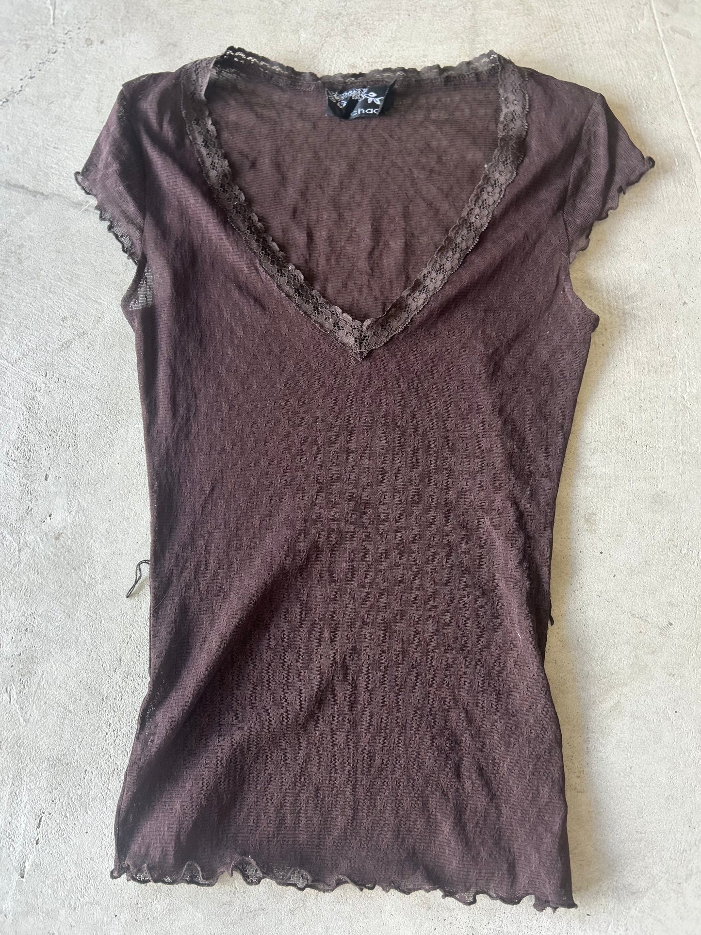 Chado Chocolate Brown Mesh Lace Trim V Neck Top