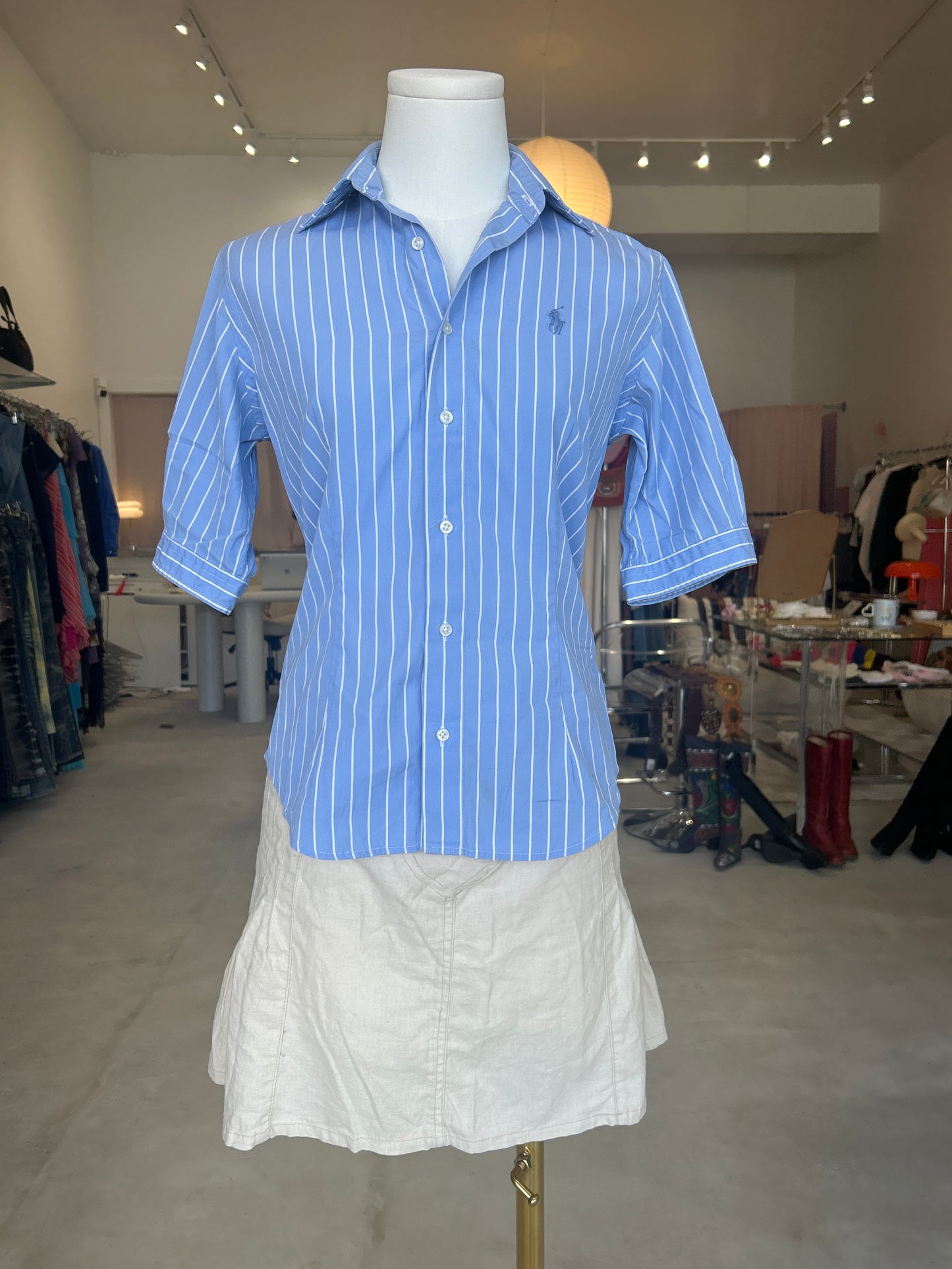 Ralph Lauren Sport Blue & White Striped Buttoned Down Collar Shirt