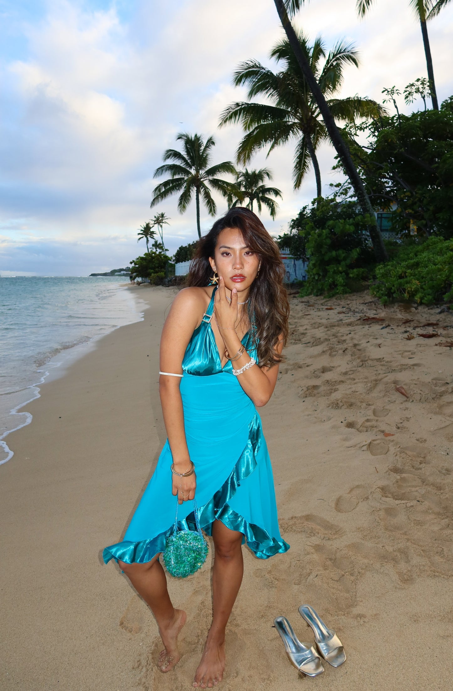 Teal halter midi dress