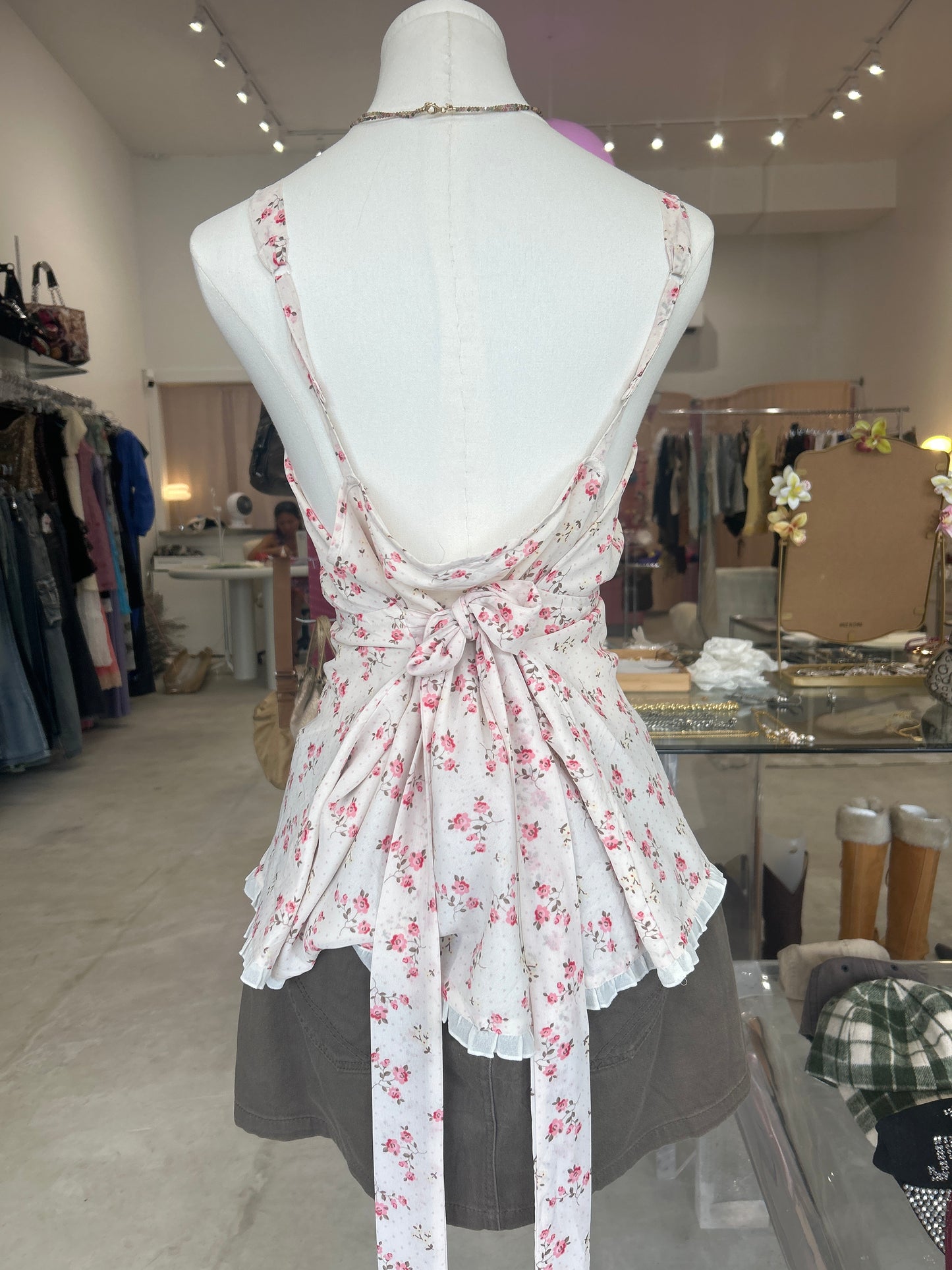 Lingene white and pink floral tie back cami top