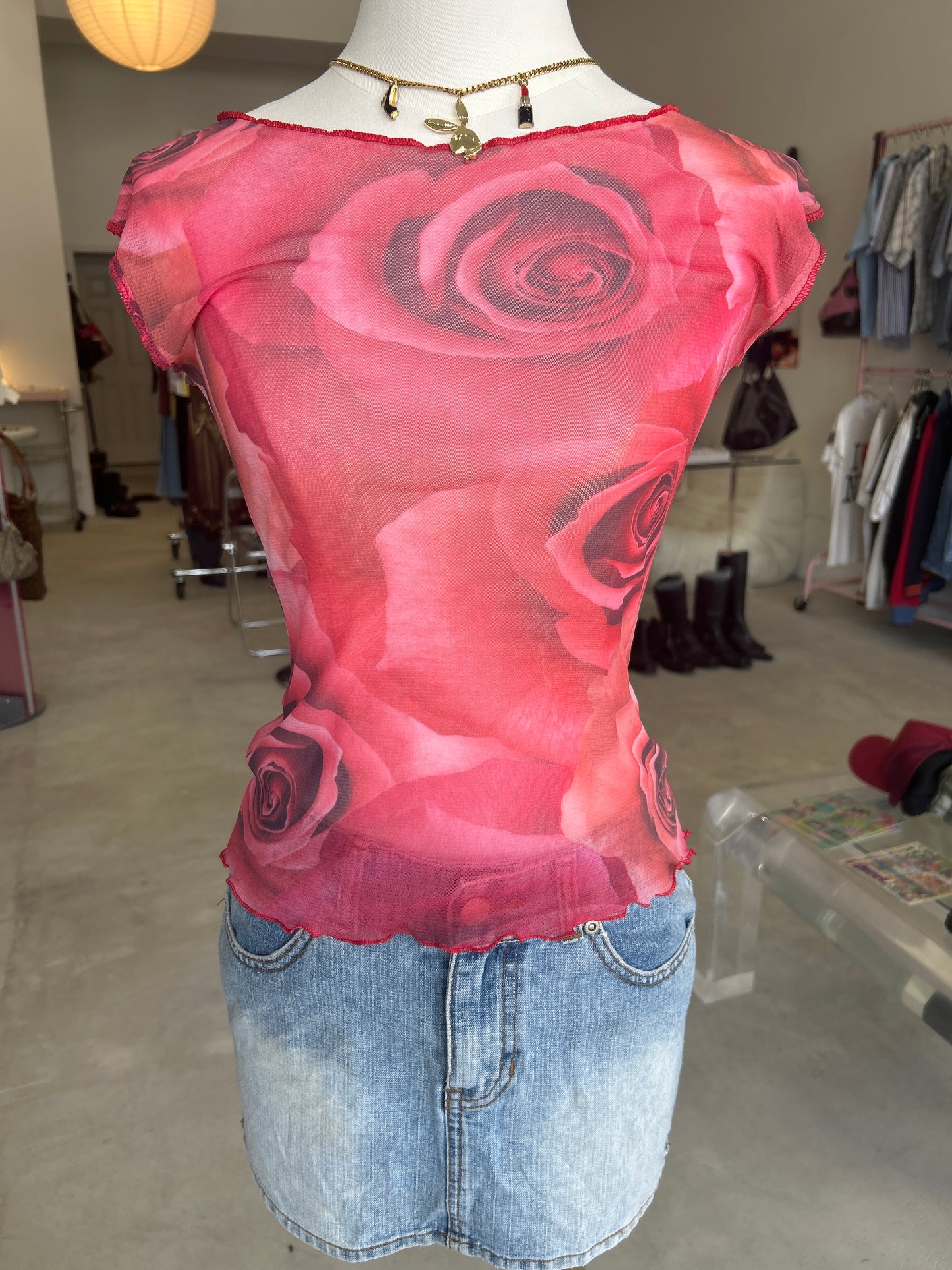 Red Roses Mesh Sleeveless Top