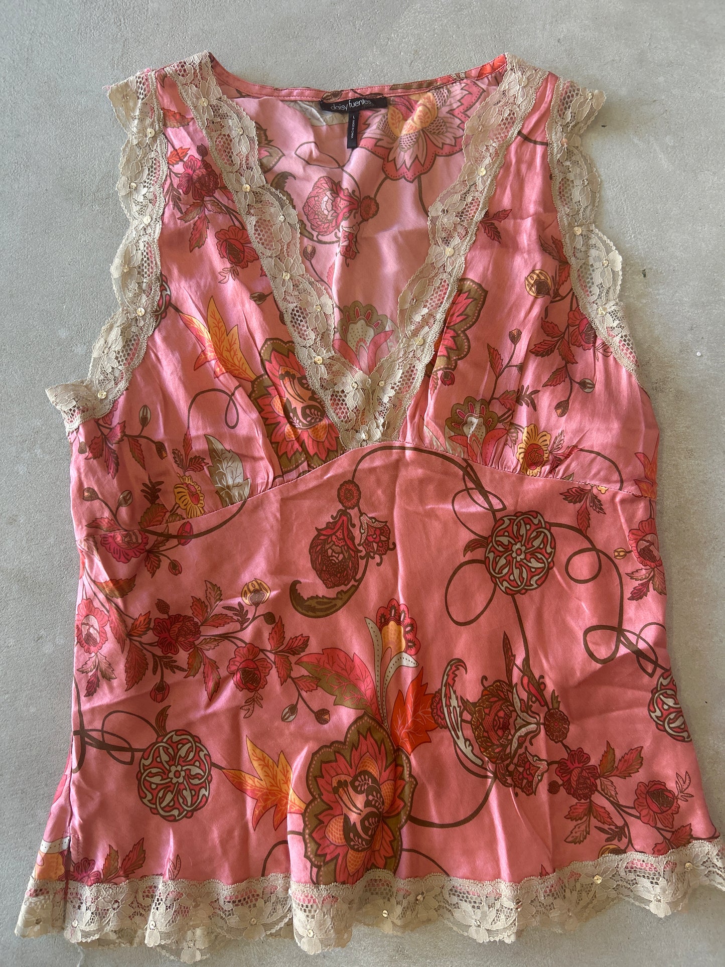 Daisy Fuentes Pink Printed Silk w/ Lace Trim Sleeveless Top