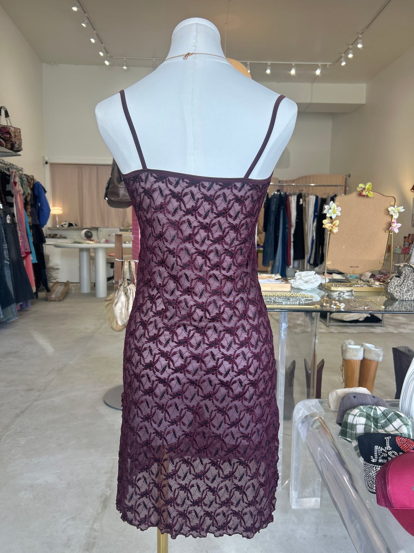 Maroon Embroidery V Neck Cami Dress