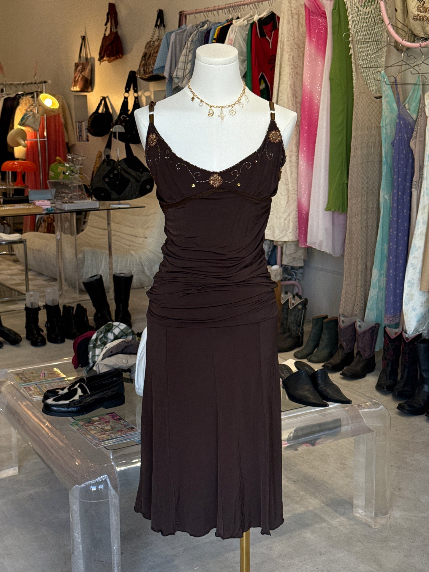 Brown Embellished w/ Mid Length Dress