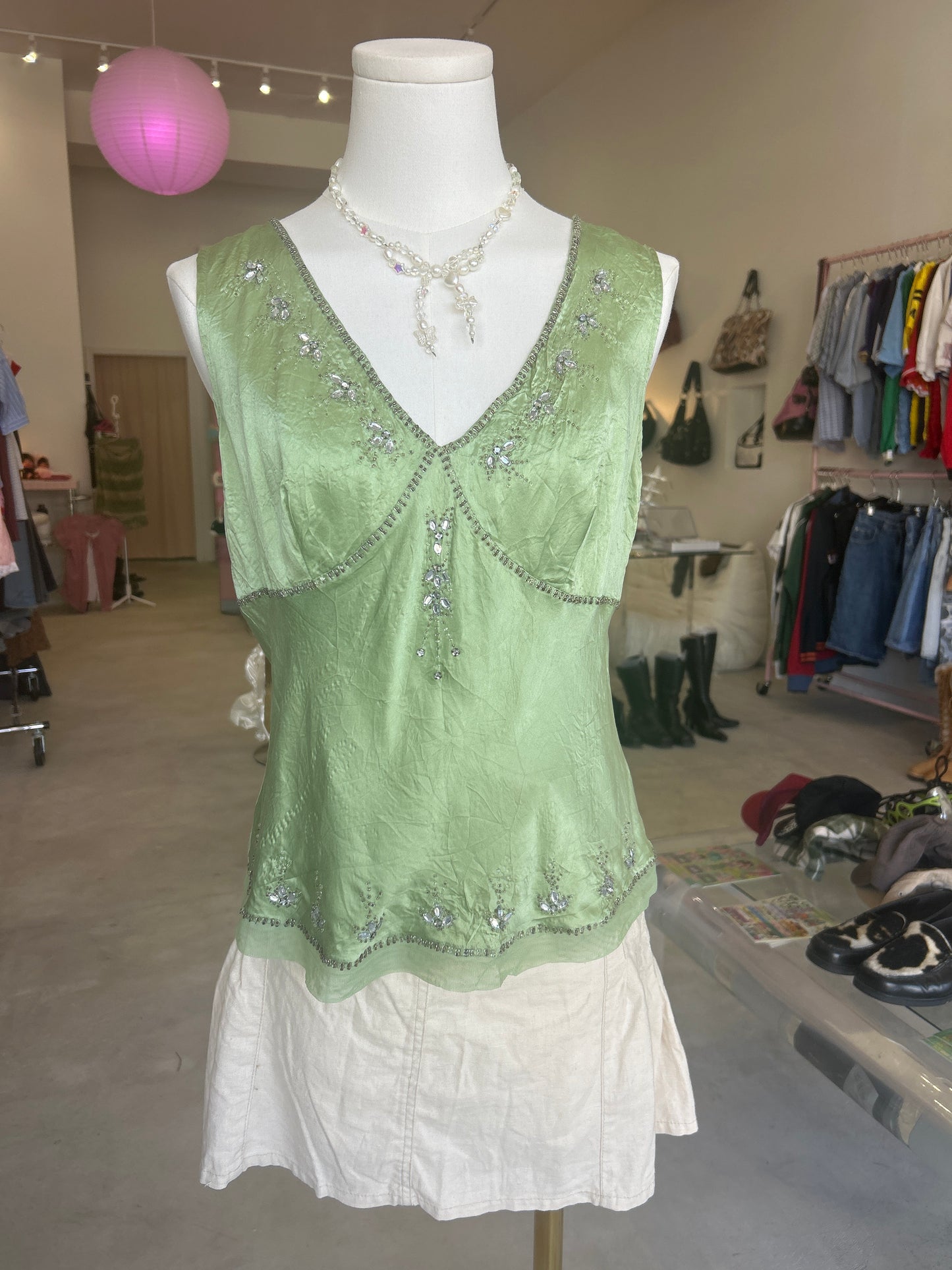 New York & Co. Green Silk Embellished Beaded Tank