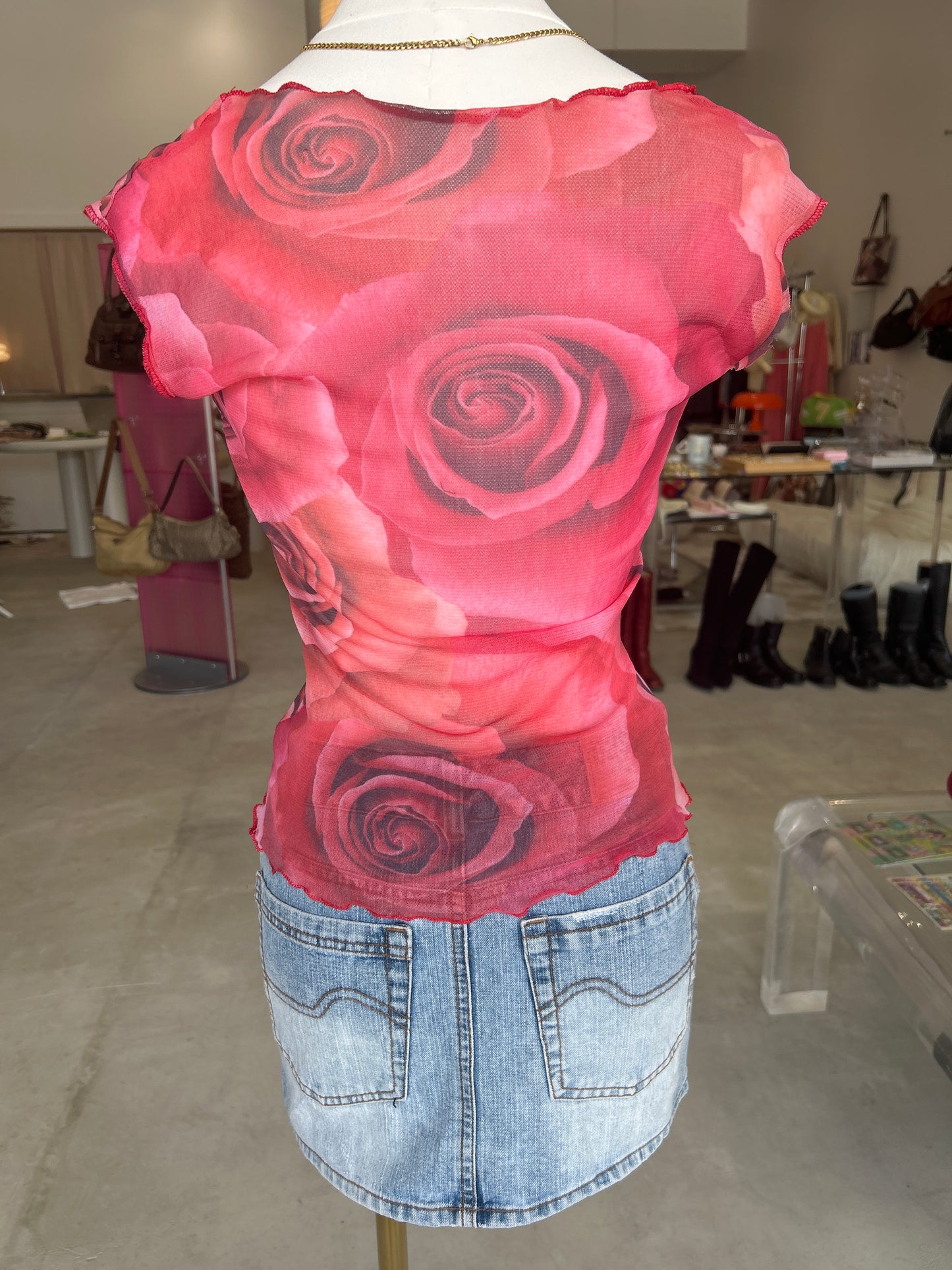 Red Roses Mesh Sleeveless Top