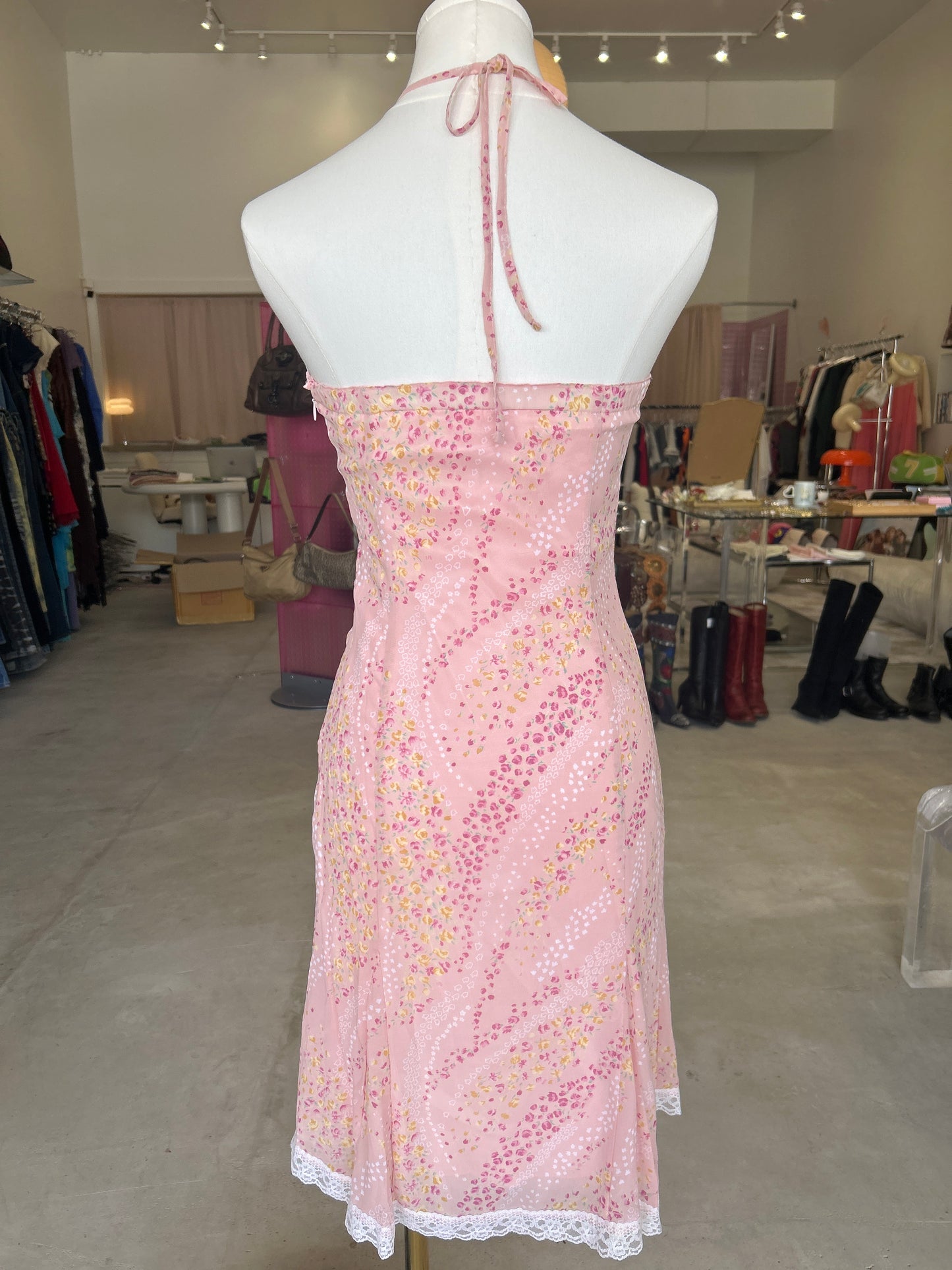 Pinky Girls Pink Floral Print Lace Trim Halter Dress
