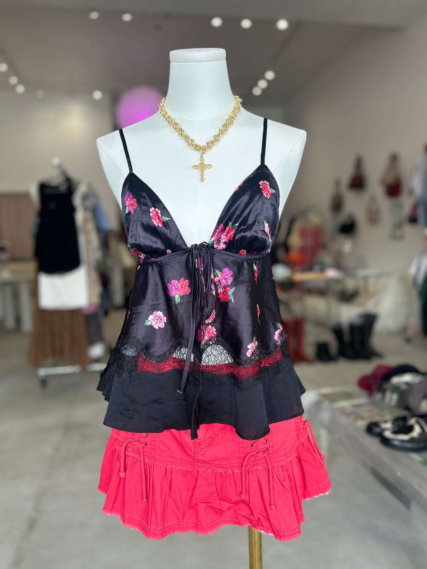 Victoria Secret Black Floral Print & Tie in Front Cami Top