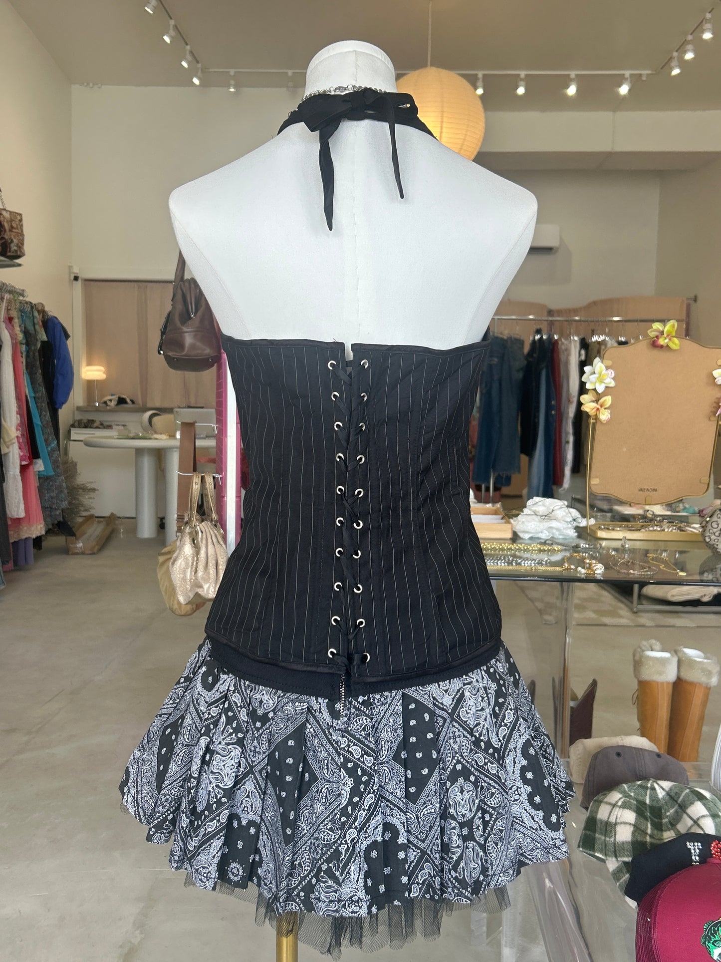 Black Pinstripe Corset Halter Top with Hooks & Tie in front