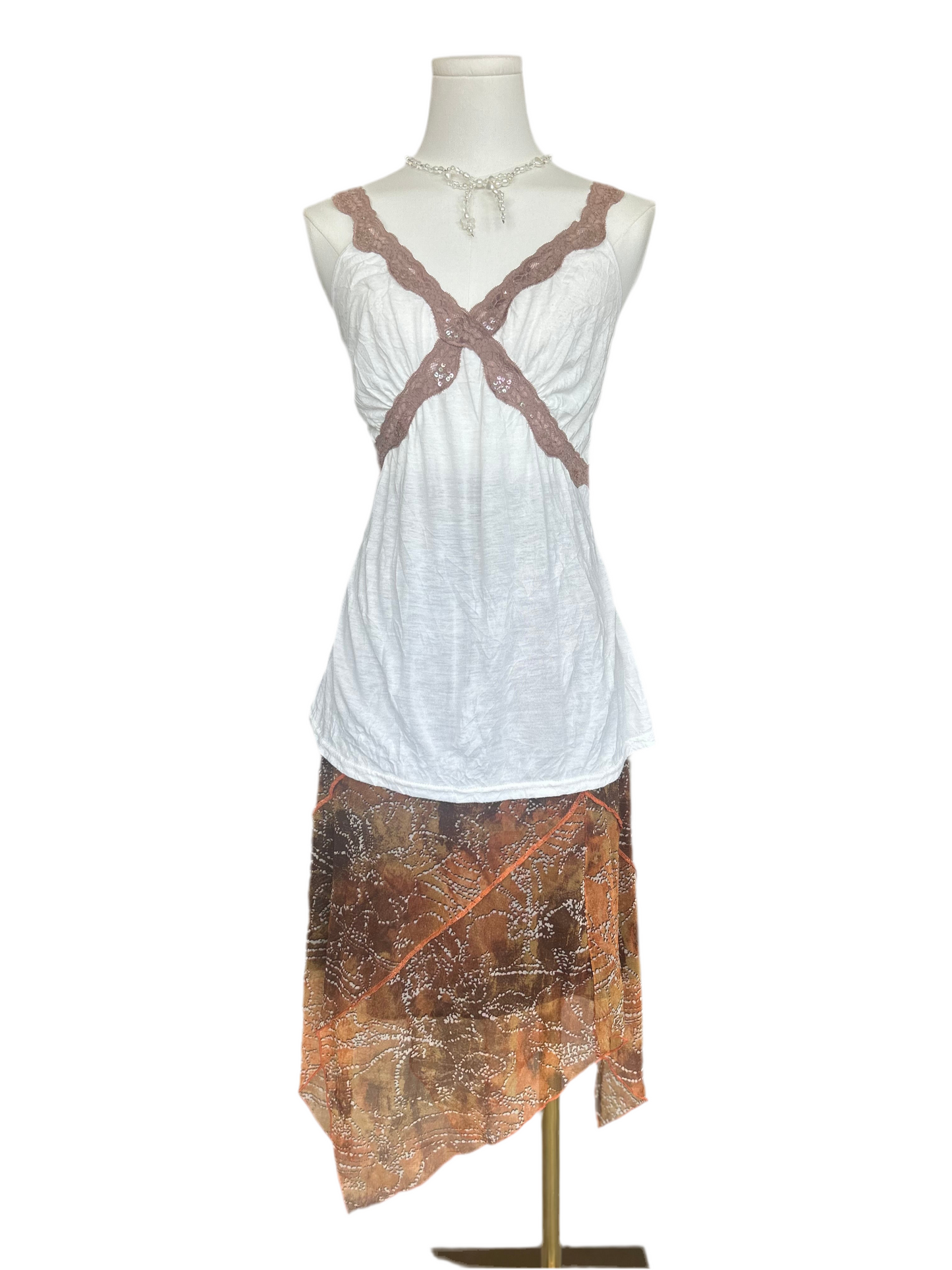 Meleose White and Brown Lace Sequin Trim V Cami Top