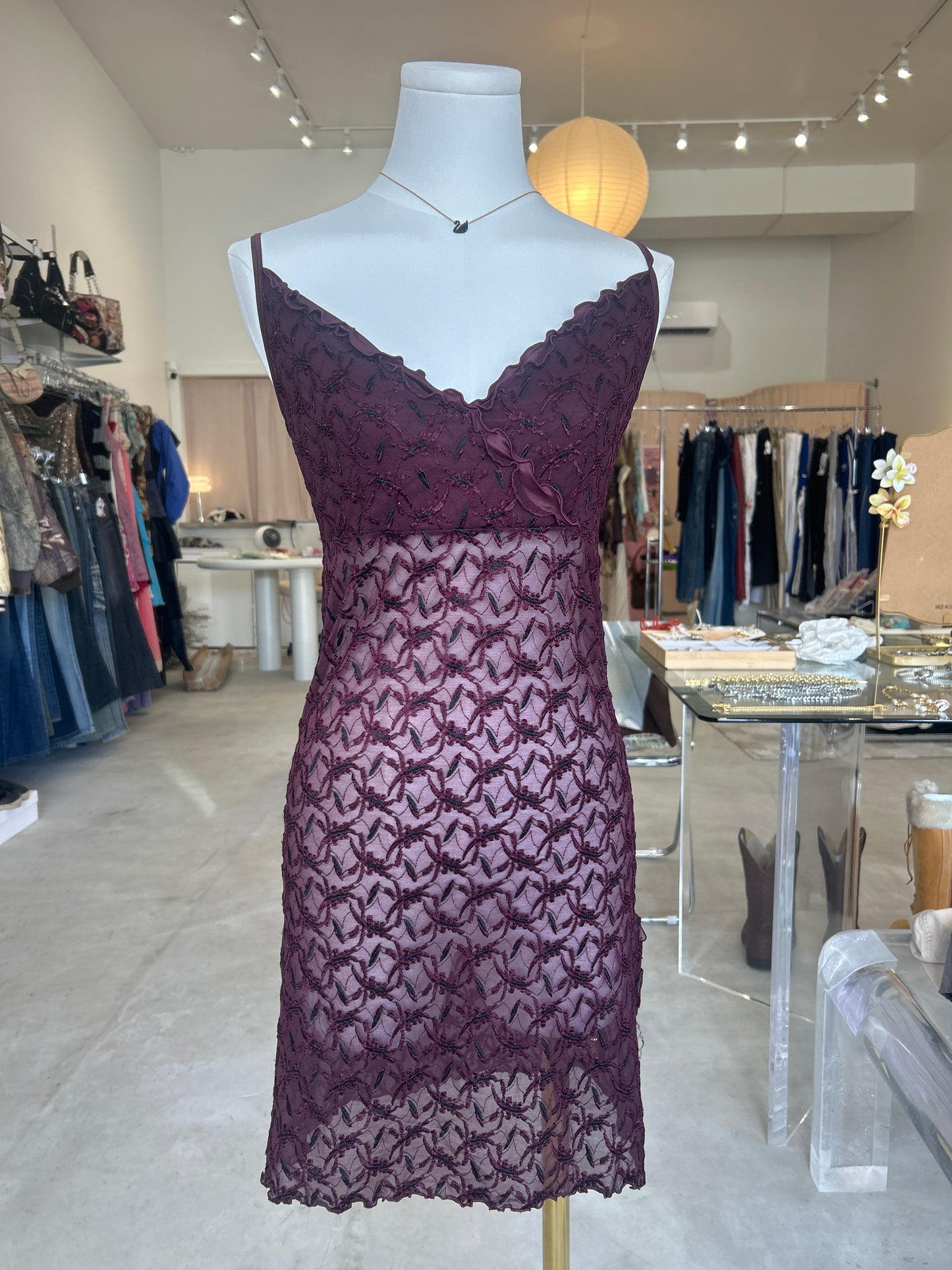 Maroon Embroidery V Neck Cami Dress