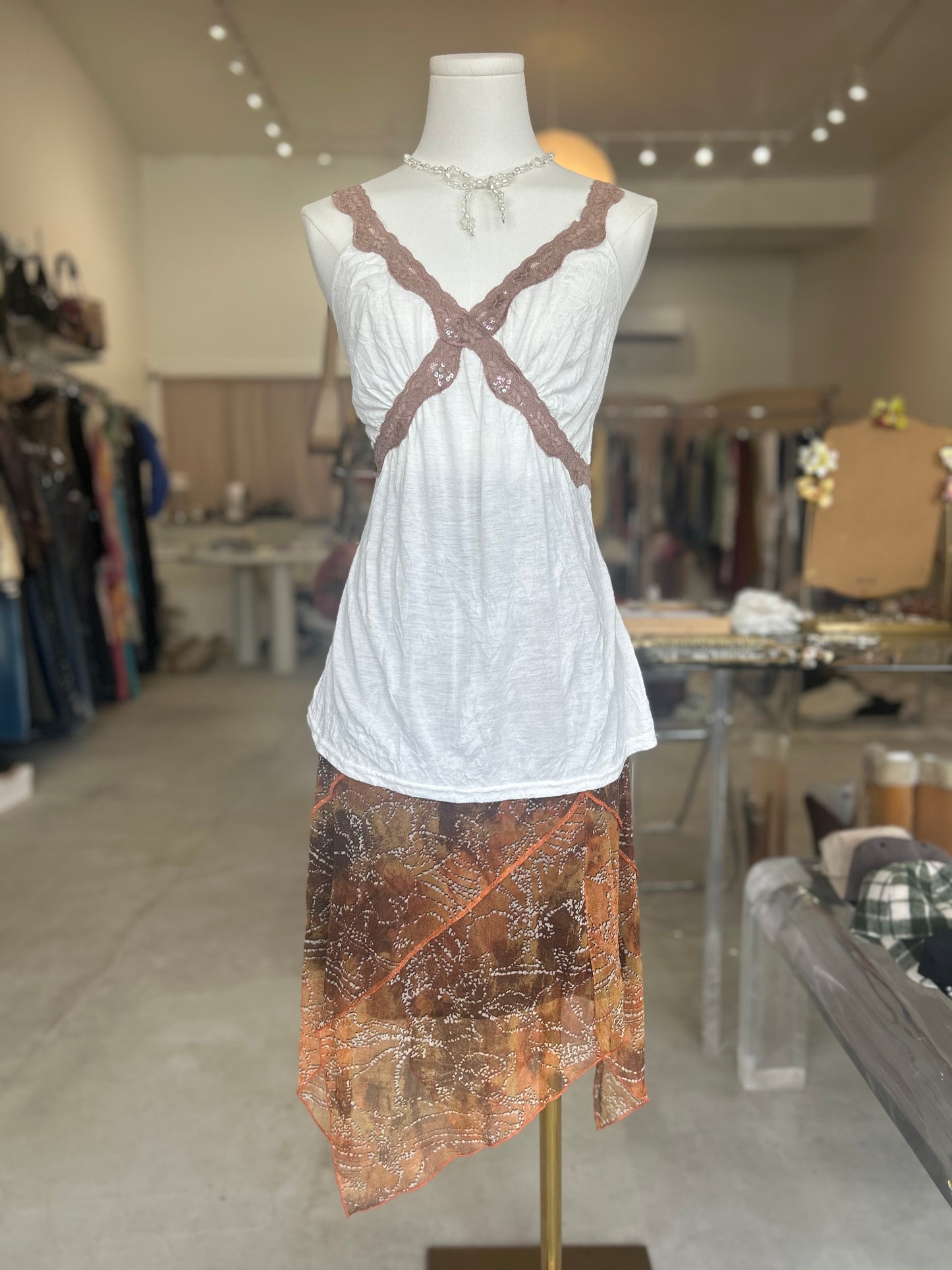 Meleose White and Brown Lace Sequin Trim V Cami Top