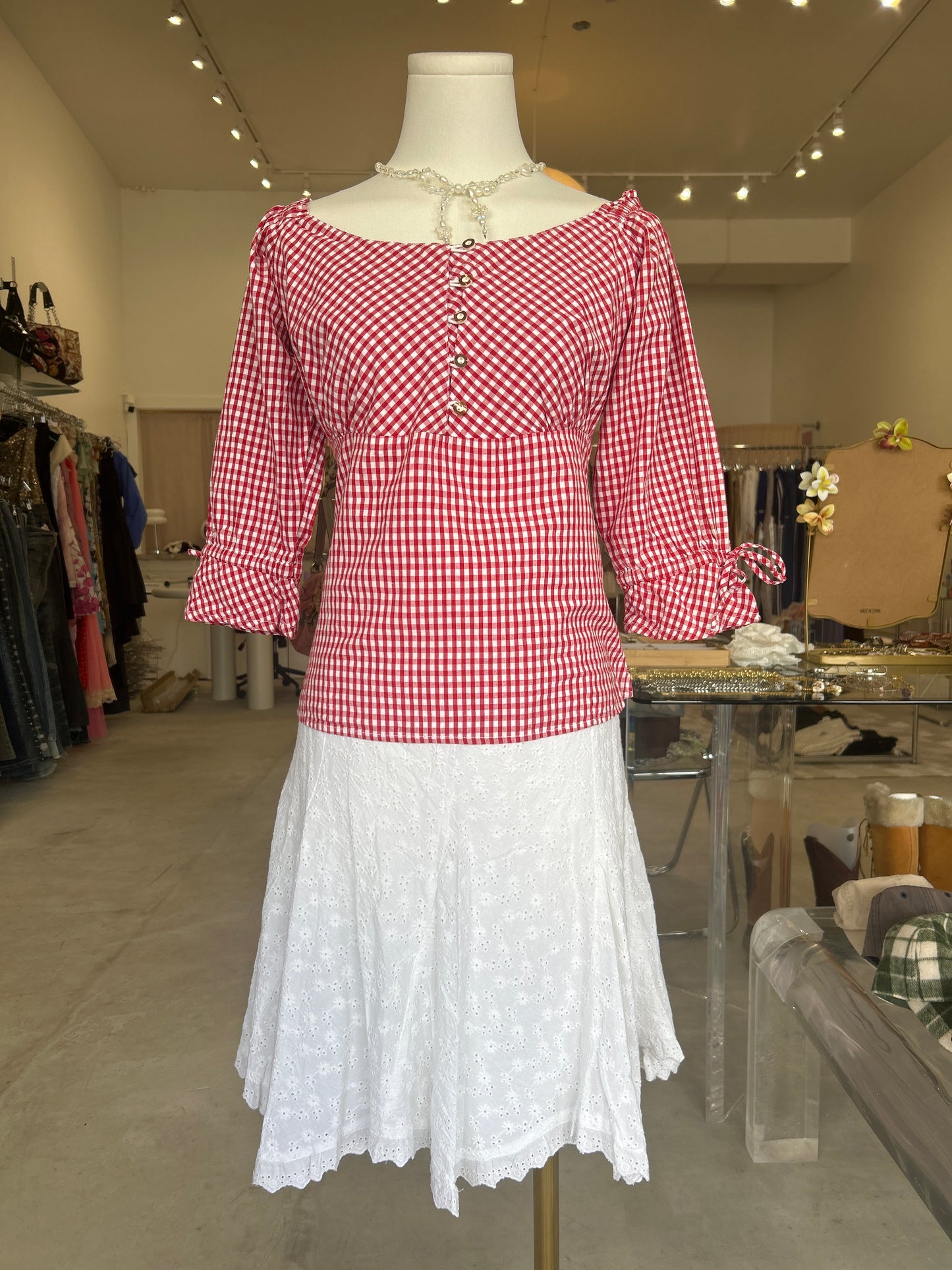 Mario Red and White Checkered Mid Sleeve Top