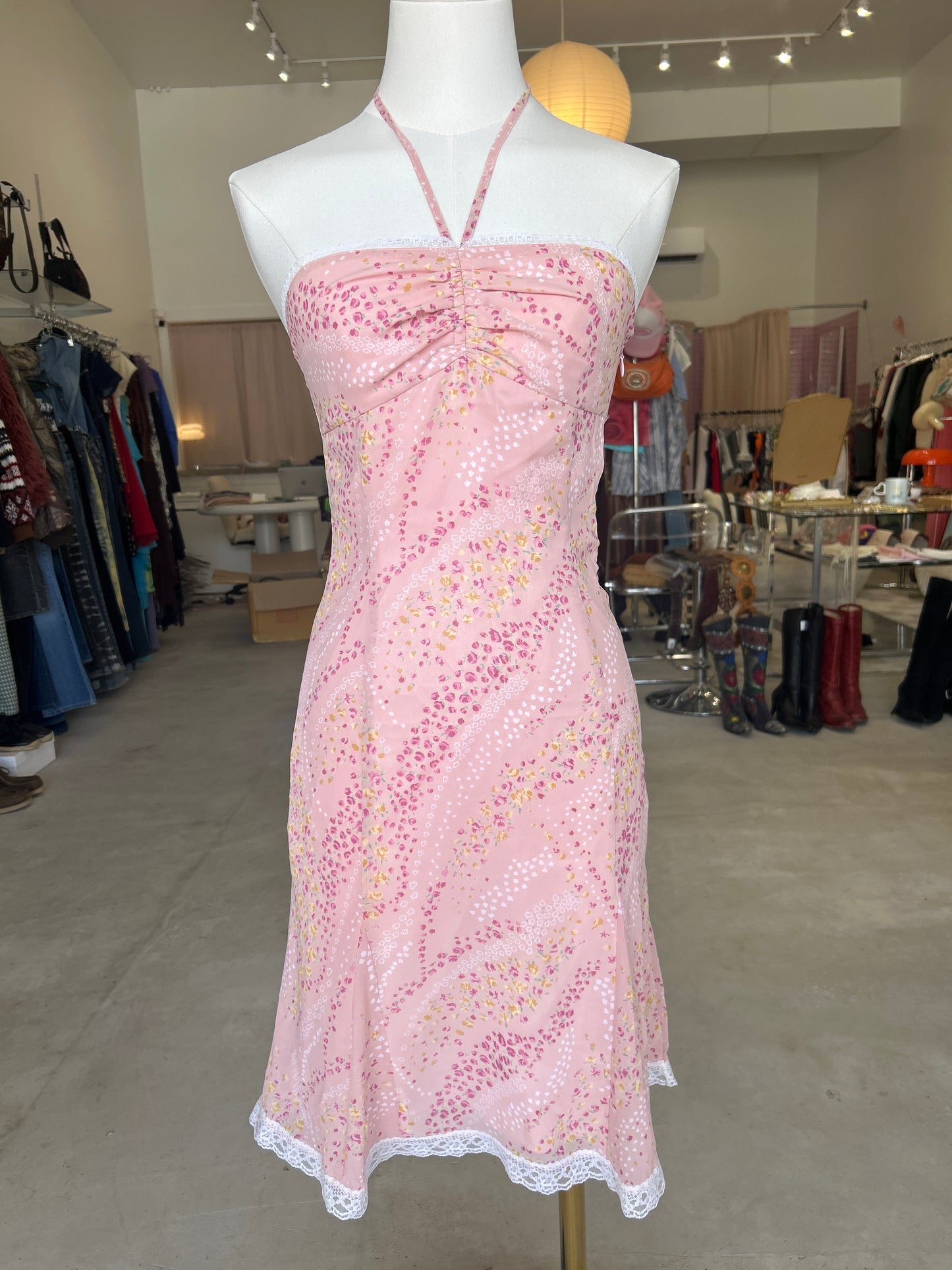 Pinky Girls Pink Floral Print Lace Trim Halter Dress