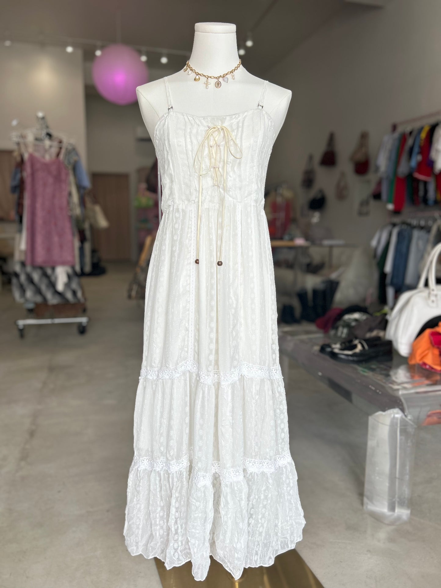 Pumpkin White Maxi Dress with Leather Tie in Front