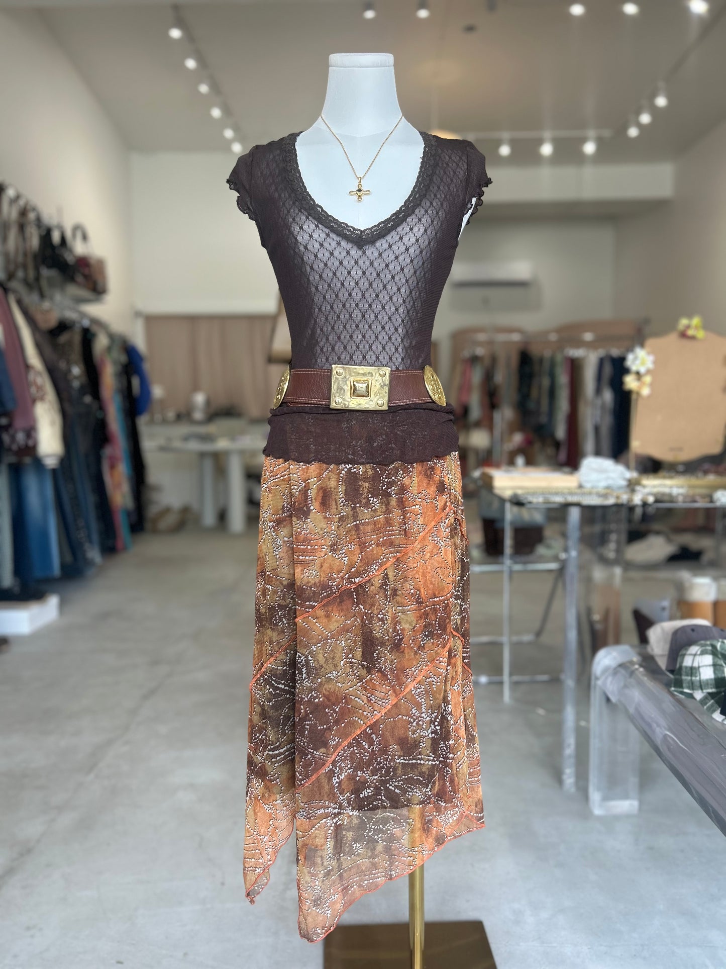 Chado Chocolate Brown Mesh Lace Trim V Neck Top