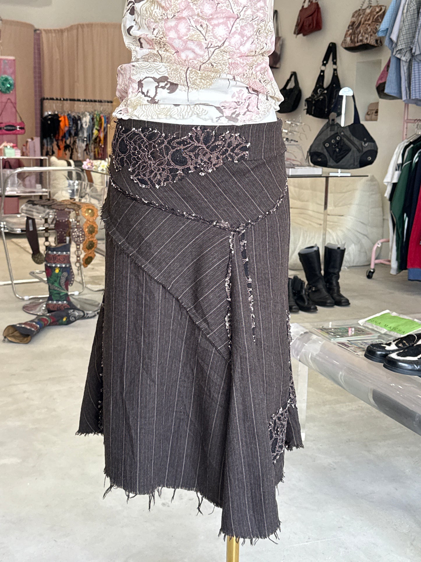 River Island Brown Pin Striped w/ Lace Asymmetrical Skirt