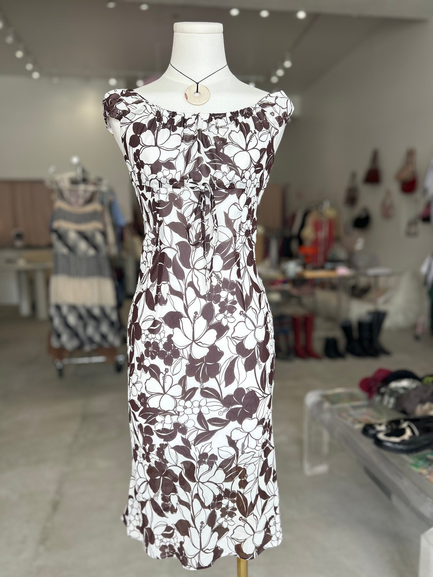Anna Kerry Brown and White Floral Print Dress with Tie in Front