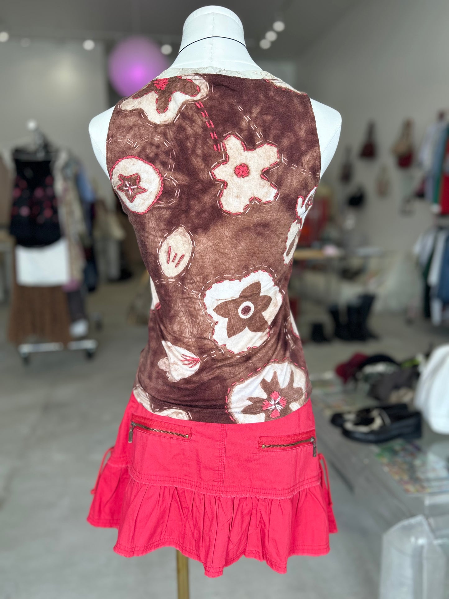 Brown, Beige & Red Print with Lace Trim & Tie in Front