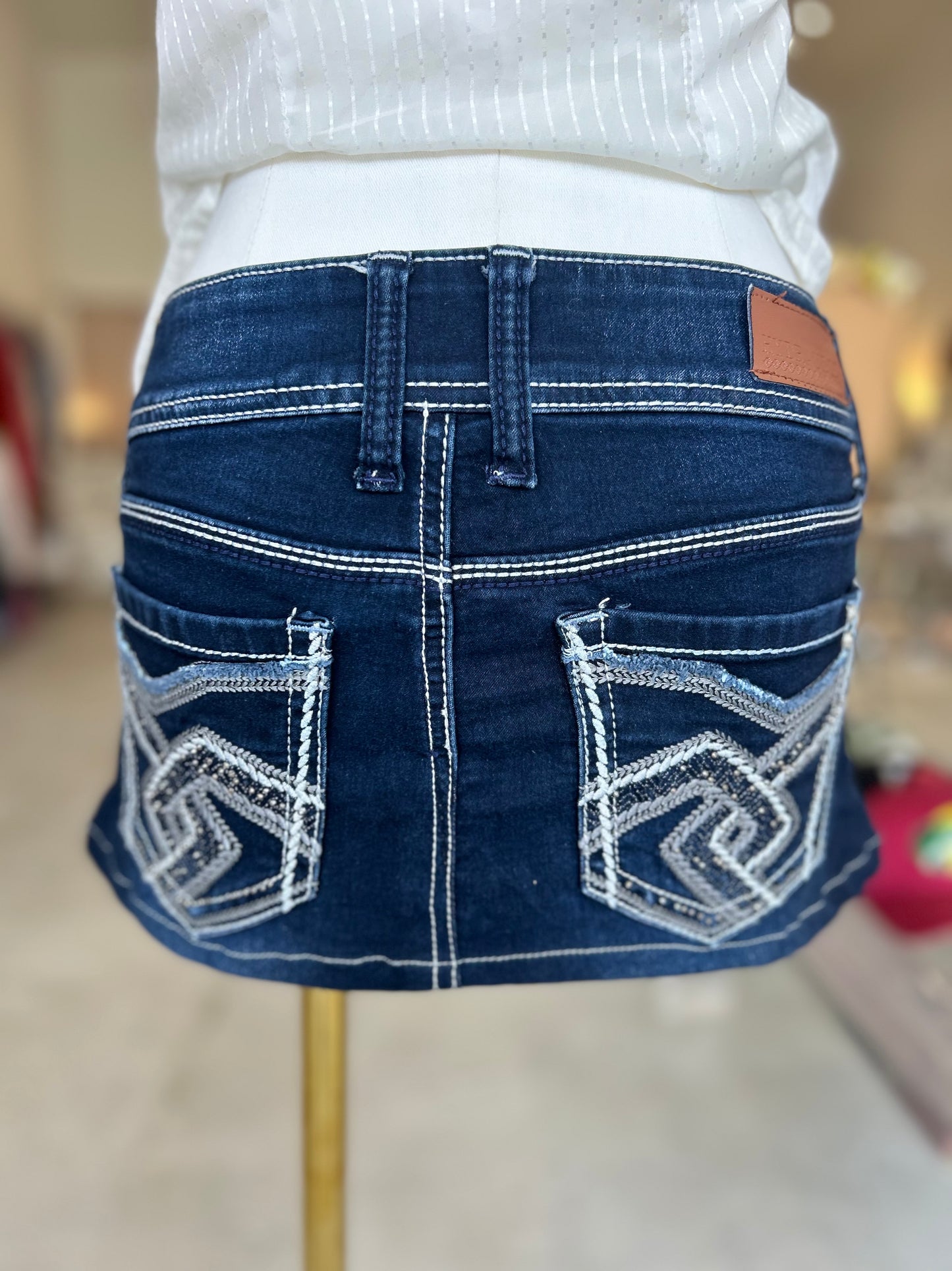 Hydraulic Denim Skirt with Embellishments