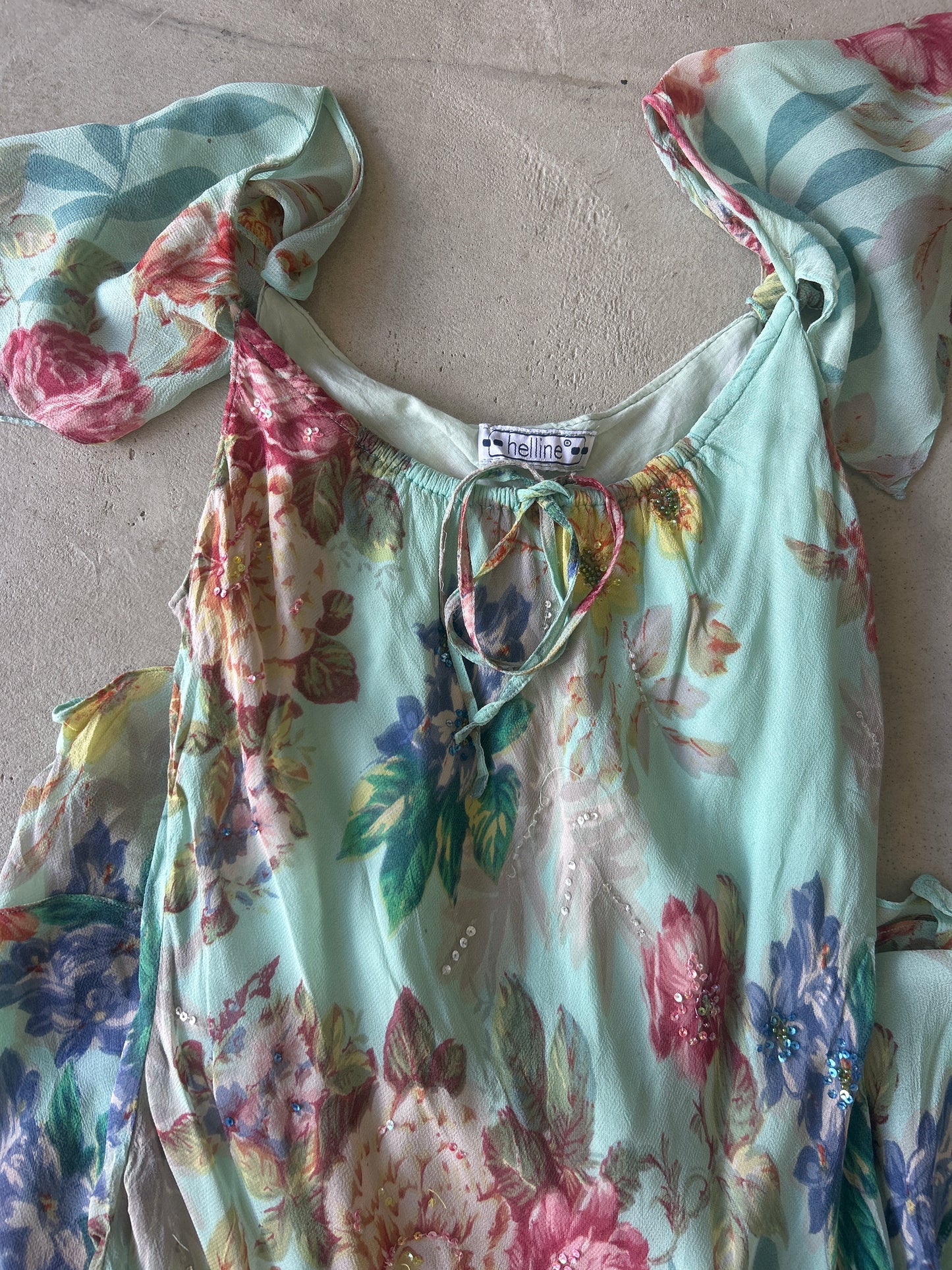 Helline Blue Multi Floral Sequin Cap Sleeve Dress