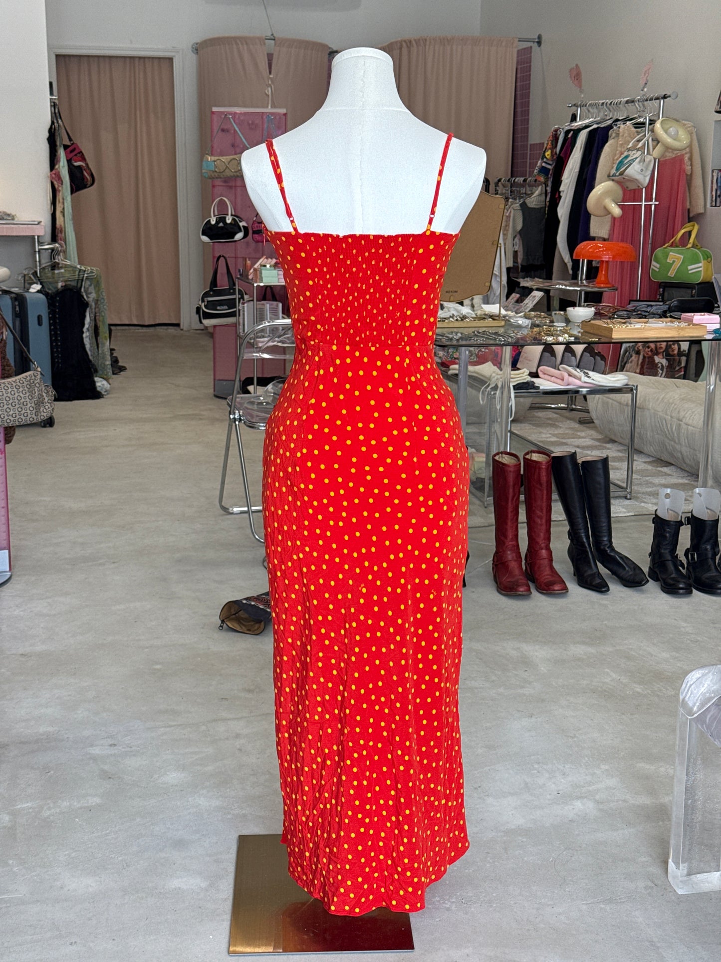 Realisation Par Red/Yellow Poka Dot Spaghetti Strap Long Dress