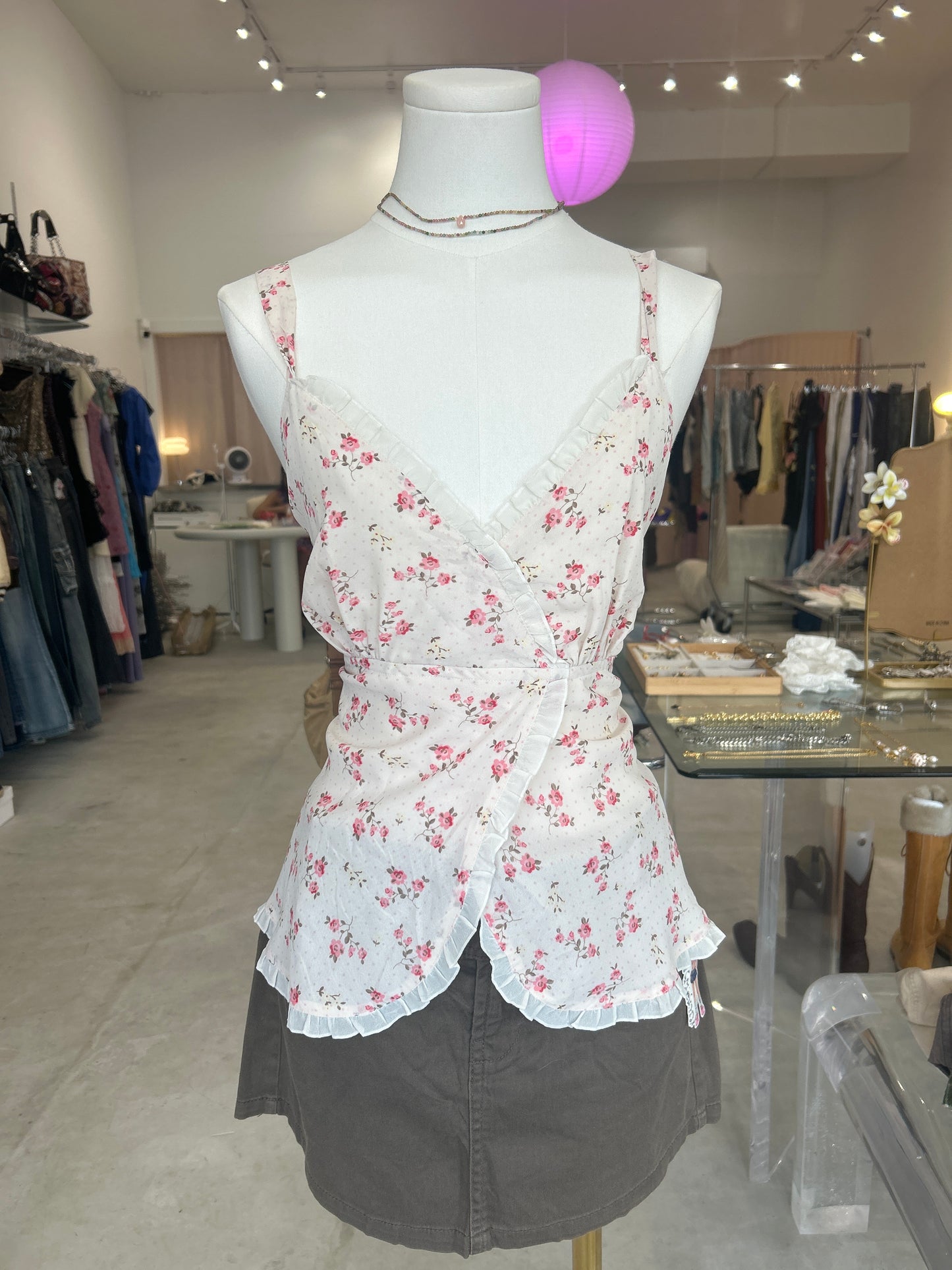 Lingene white and pink floral tie back cami top