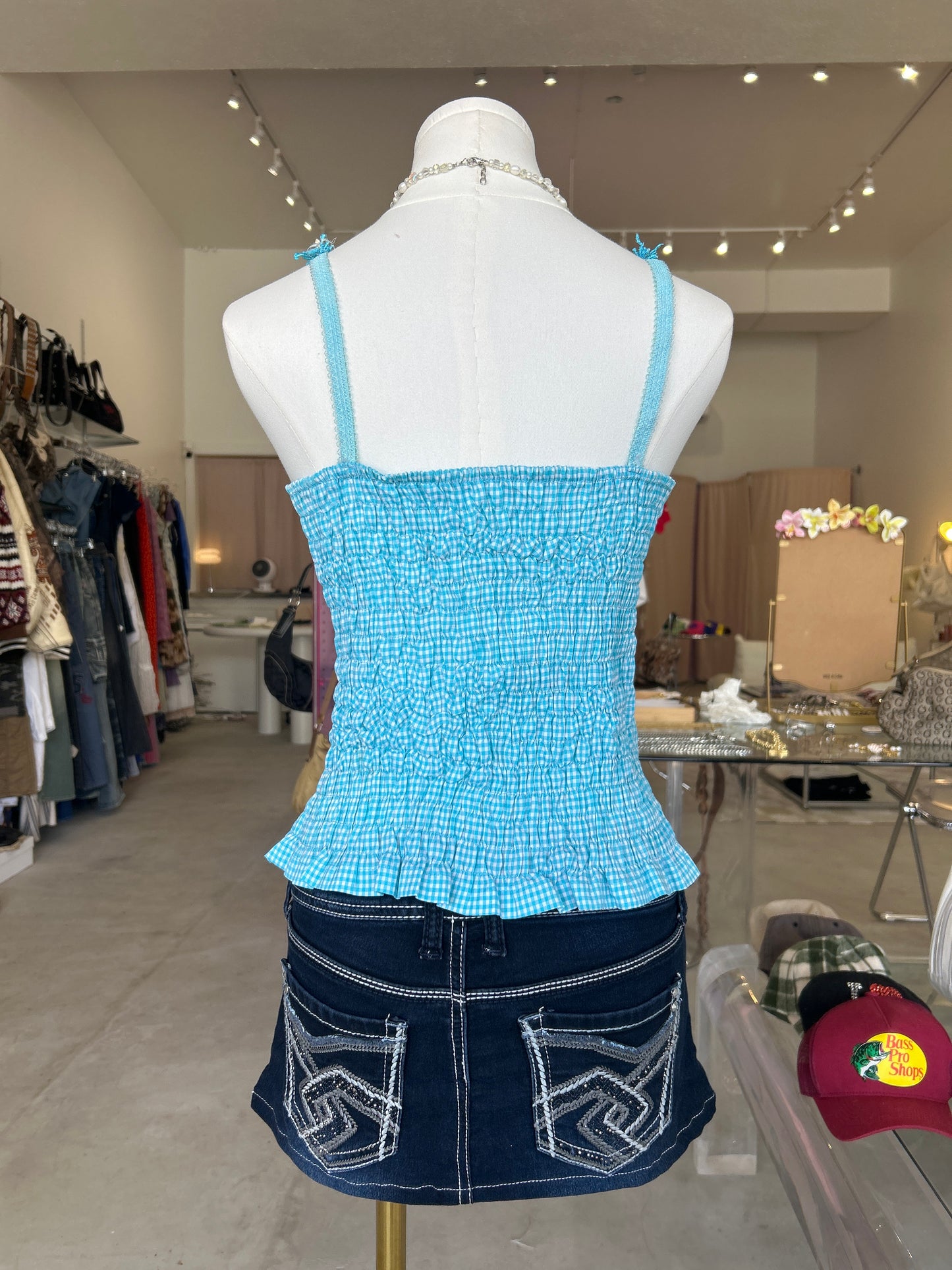 Wild Cat Turquoise Checkered Embroidery with Front Tie Cami Top