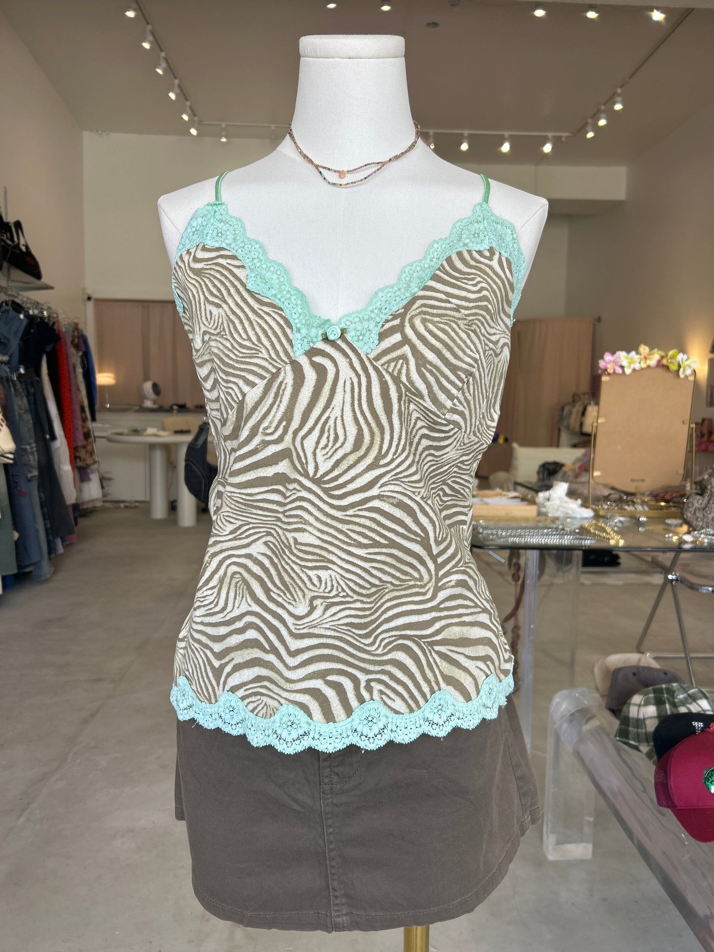 Muse Brown & Beige Zebra Print with Lace Trim Cami Top