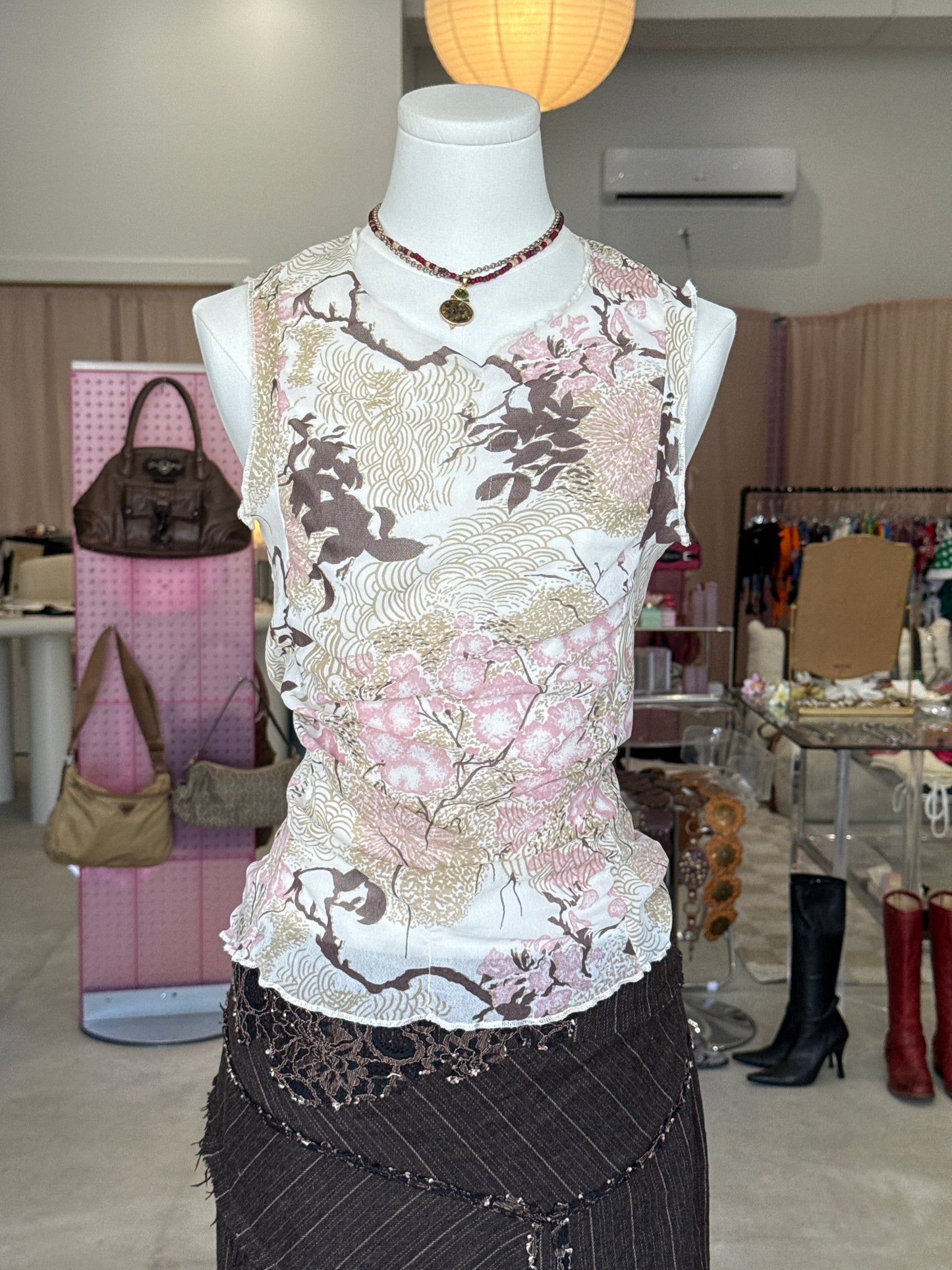 Twice Pink Cherry Blossom Print Sleeveless Shear Top