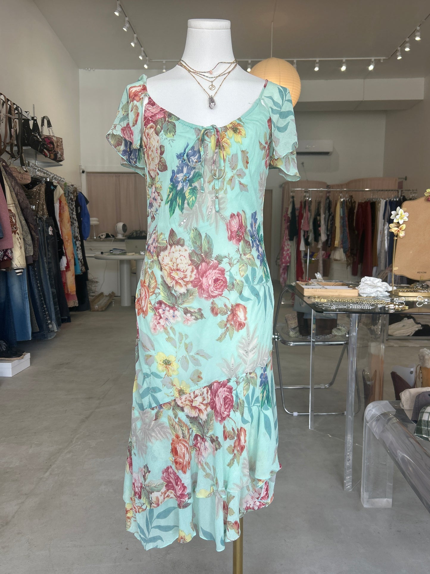 Helline Blue Multi Floral Sequin Cap Sleeve Dress