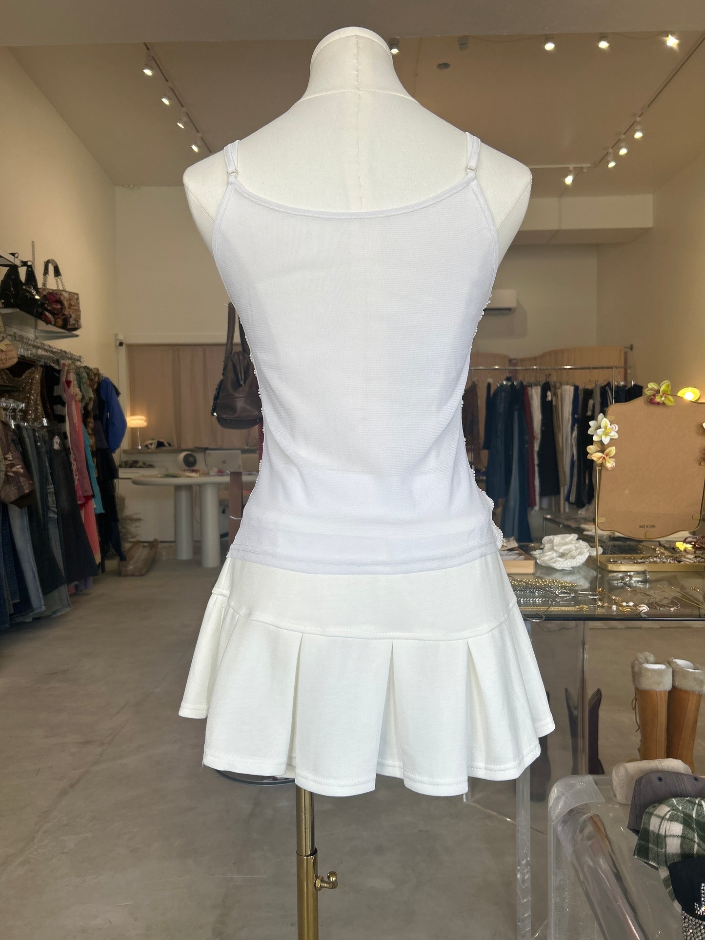 Yellow Sequin Butterfly and White Beaded Mesh Cami Top